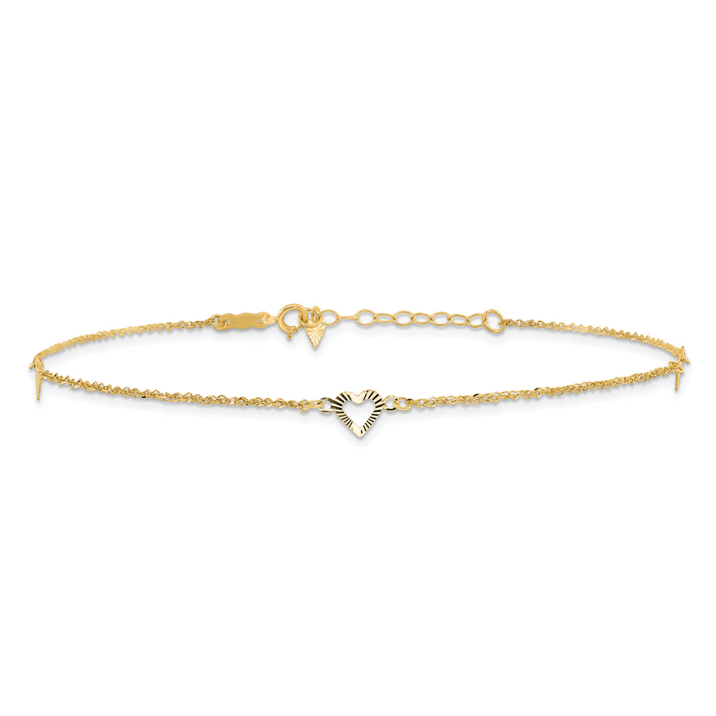 14k Diamond-cut Hearts 3-Station 9 inch Plus 1 inch Extender - Total 10 inch Anklet - Sophia Jewelers