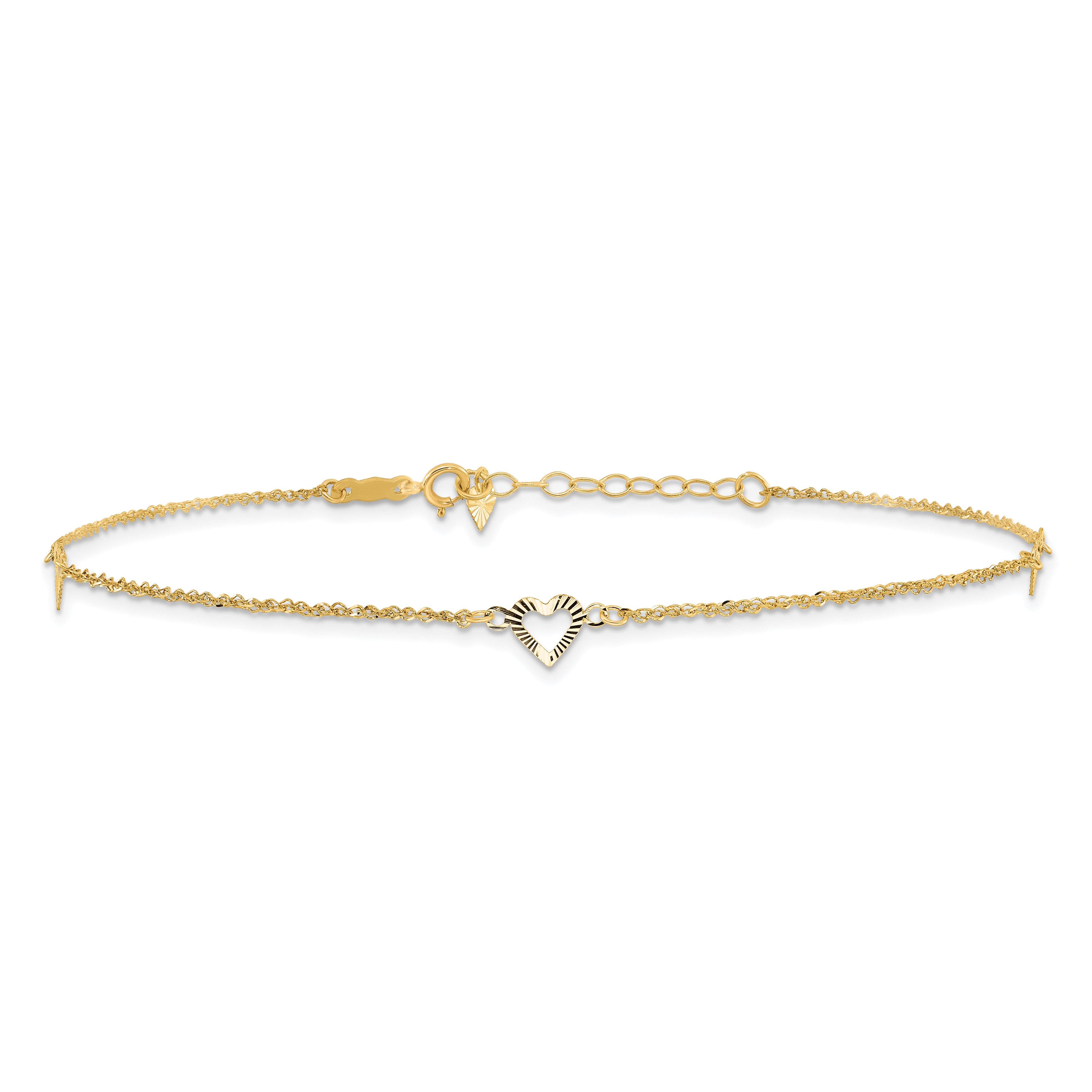 14k Diamond-cut Hearts 3-Station 9 inch Plus 1 inch Extender - Total 10 inch Anklet - Sophia Jewelers