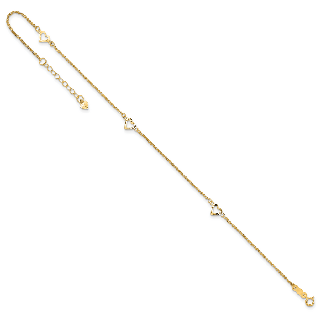 14k Diamond-cut Hearts 3-Station 9 inch Plus 1 inch Extender - Total 10 inch Anklet - Sophia Jewelers