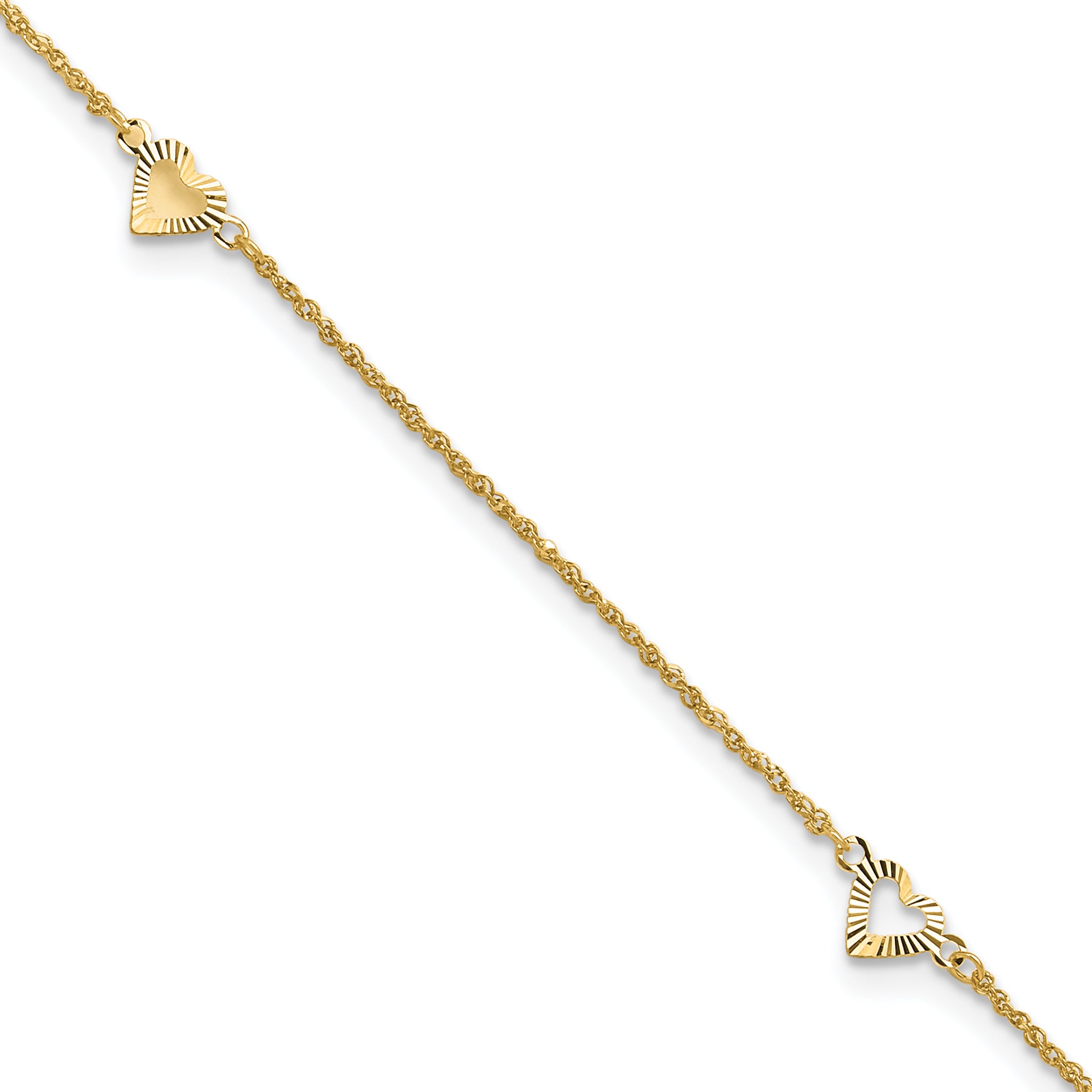 14k Diamond-cut Hearts 3-Station 9 inch Plus 1 inch Extender - Total 10 inch Anklet - Sophia Jewelers