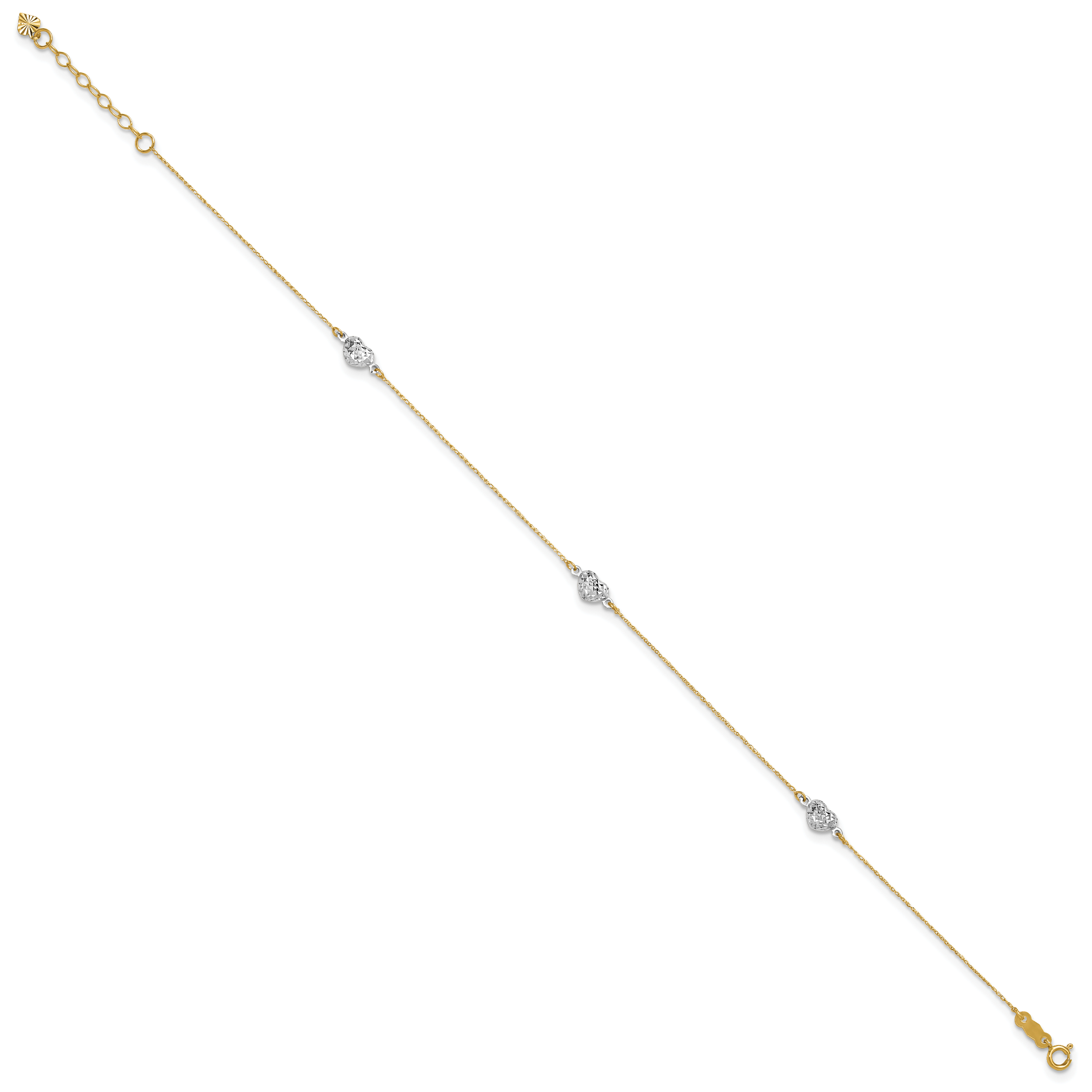 14k Two-tone Diamond-cut Triple Puffed Hearts 9 inch Plus 1 inch Extender - Total 10 inch Anklet Secondary image