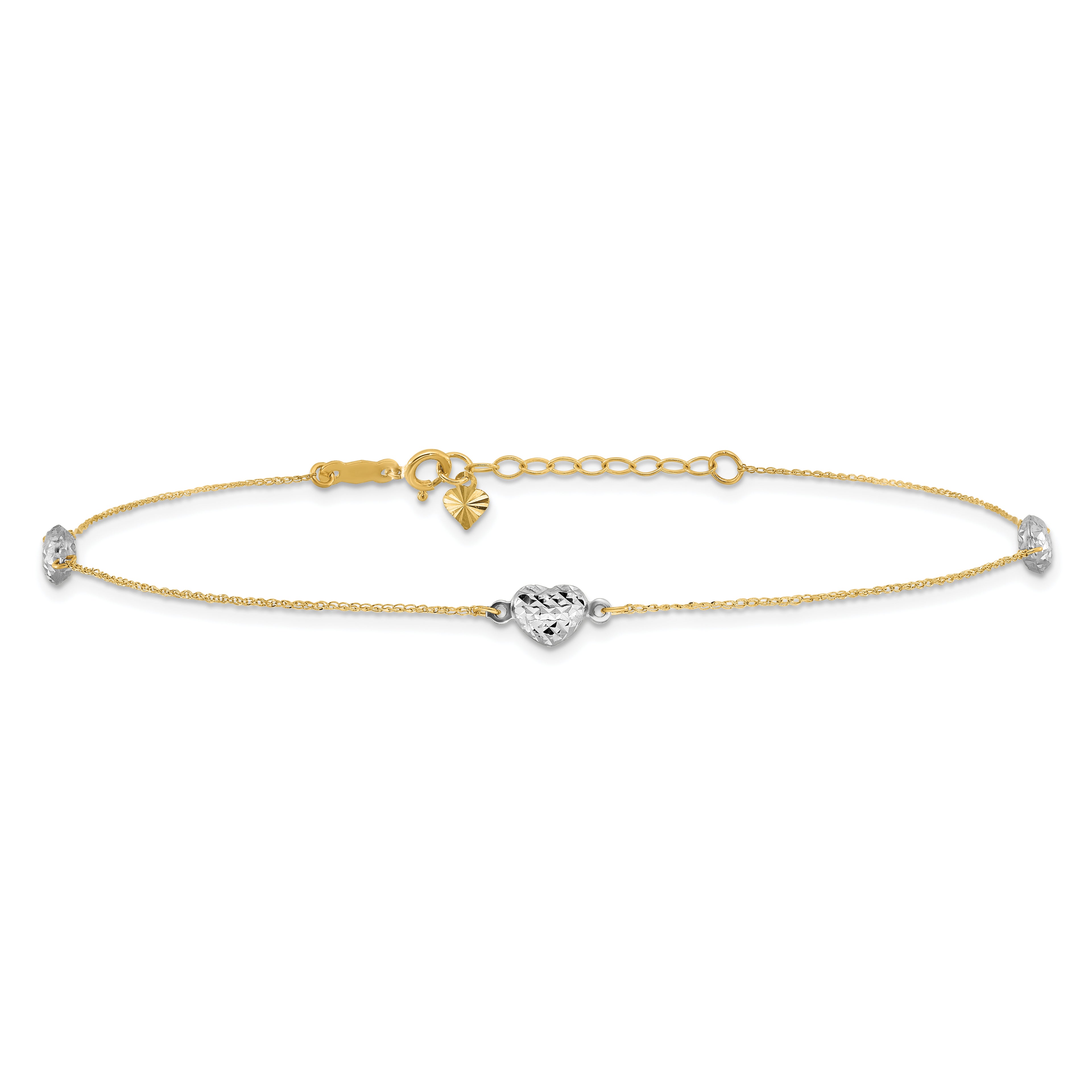 14k Two-tone Diamond-cut Triple Puffed Hearts 9 inch Plus 1 inch Extender - Total 10 inch Anklet - Sophia Jewelers