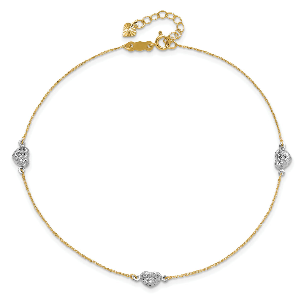 14k Two-tone Diamond-cut Triple Puffed Hearts 9 inch Plus 1 inch Extender - Total 10 inch Anklet - Sophia Jewelers