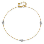 14k Two-tone Diamond-cut Triple Puffed Hearts 9 inch Plus 1 inch Extender - Total 10 inch Anklet - Sophia Jewelers
