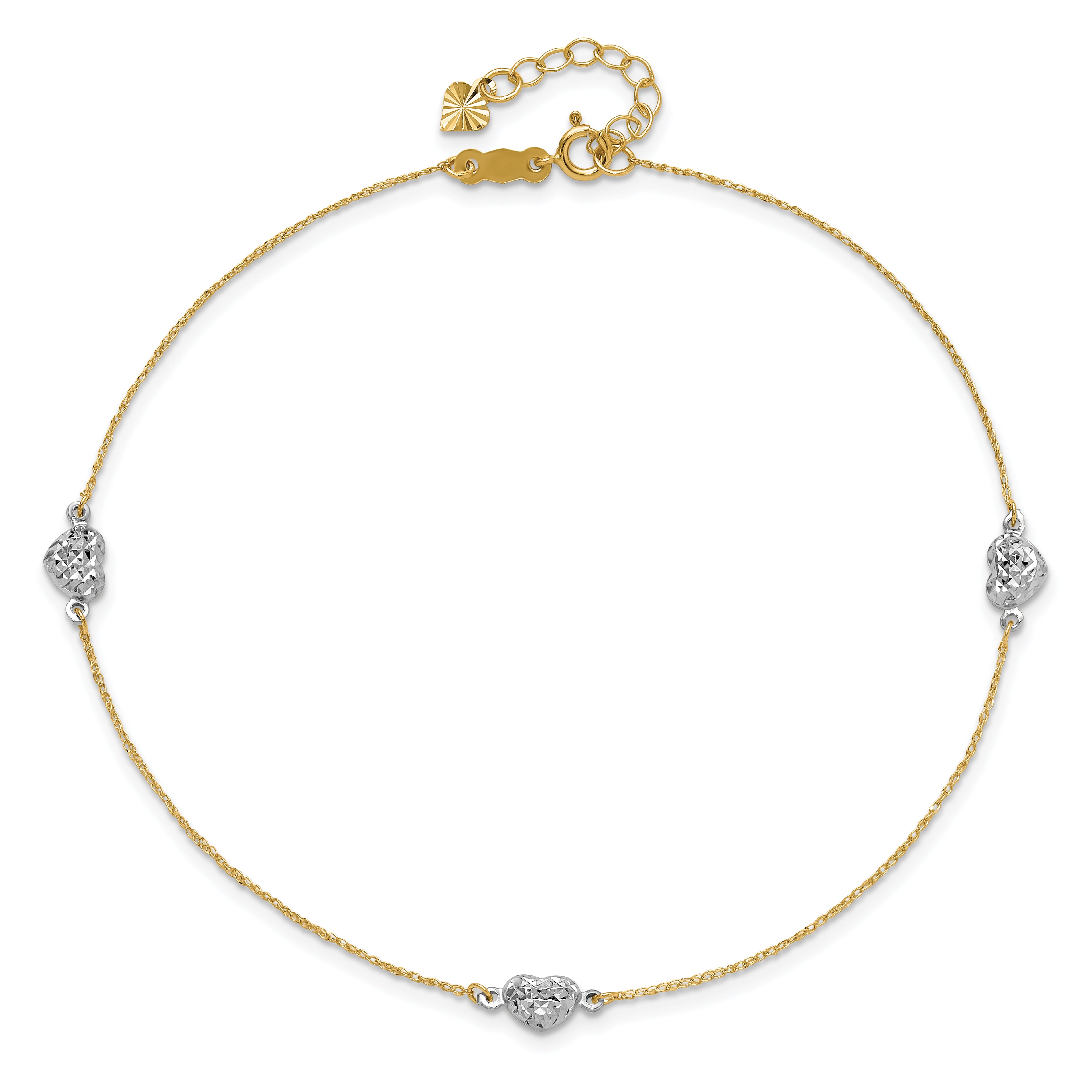 14k Two-tone Diamond-cut Triple Puffed Hearts 9 inch Plus 1 inch Extender - Total 10 inch Anklet - Sophia Jewelers
