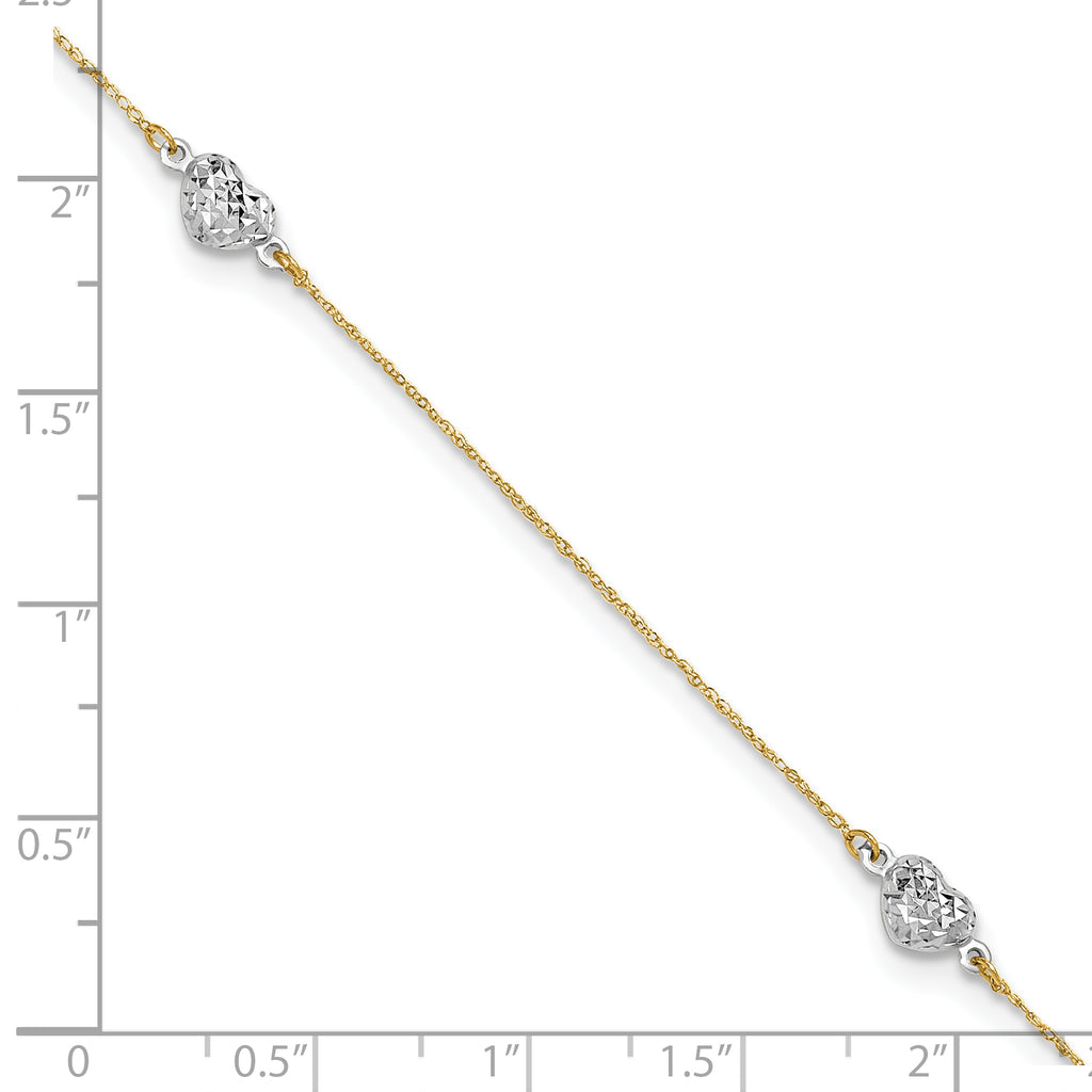 14k Two-tone Diamond-cut Triple Puffed Hearts 9 inch Plus 1 inch Extender - Total 10 inch Anklet - Sophia Jewelers