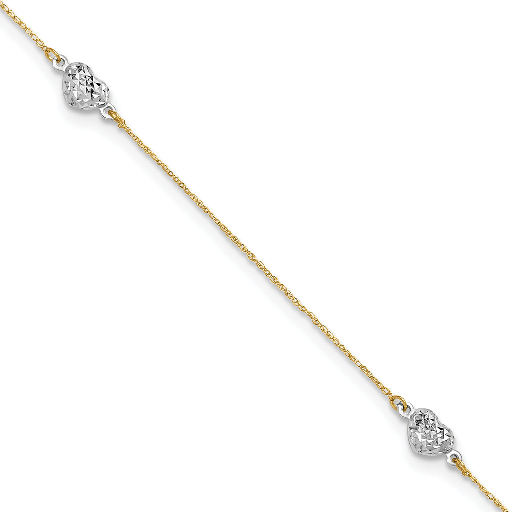 14k Two-tone Diamond-cut Triple Puffed Hearts 9 inch Plus 1 inch Extender - Total 10 inch Anklet - Sophia Jewelers