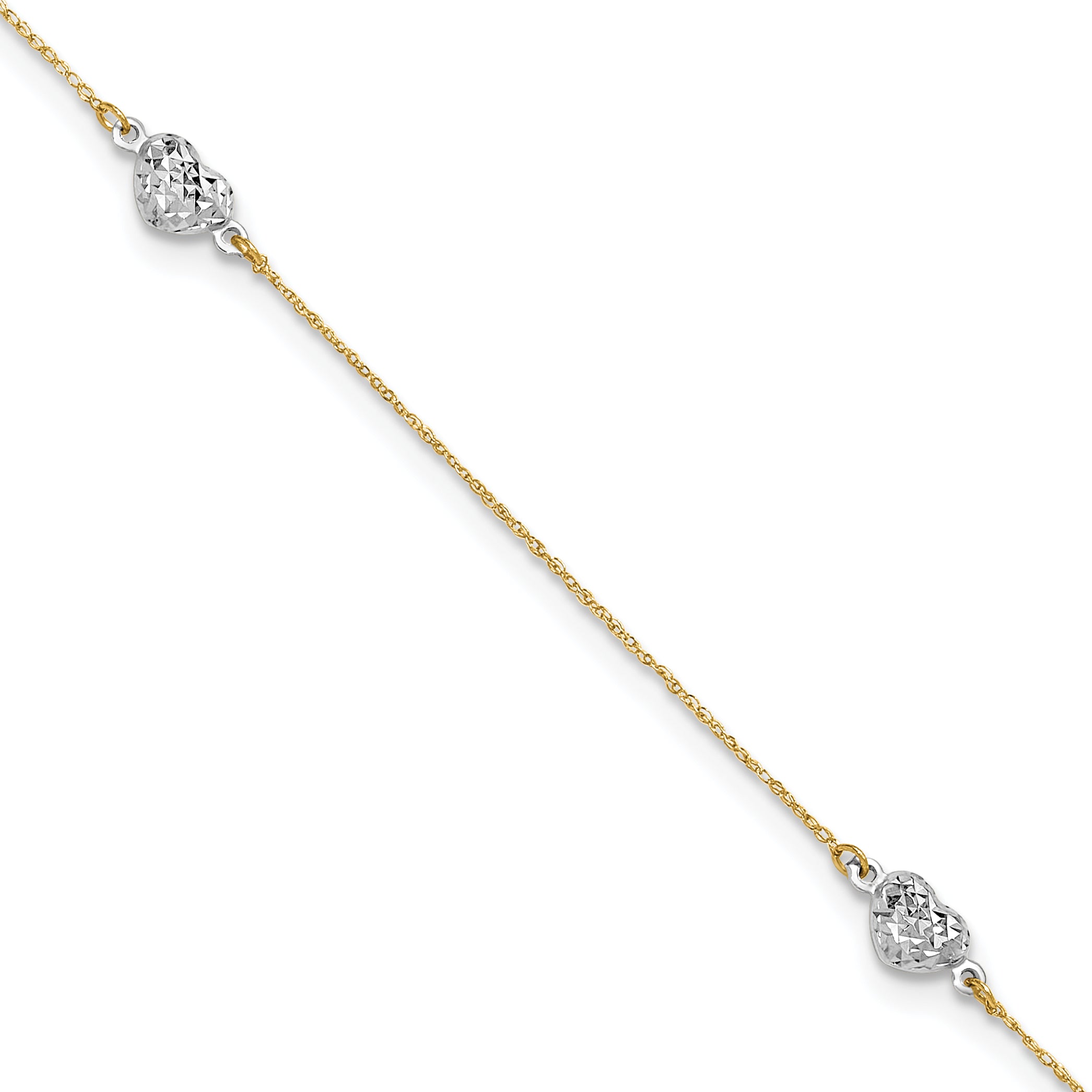 14k Two-tone Diamond-cut Triple Puffed Hearts 9 inch Plus 1 inch Extender - Total 10 inch Anklet - Sophia Jewelers