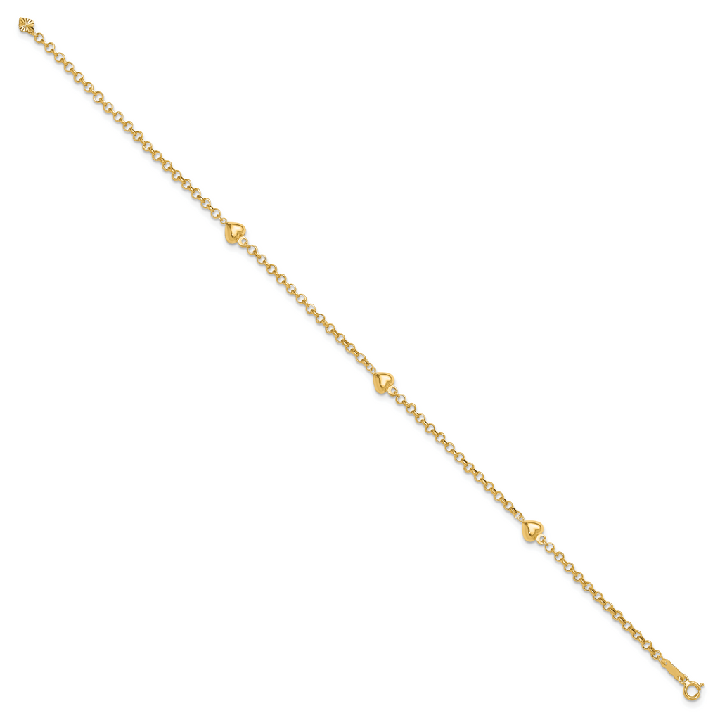 14k Polished Puffed Heart 3-Station 10 inch Anklet - Sophia Jewelers