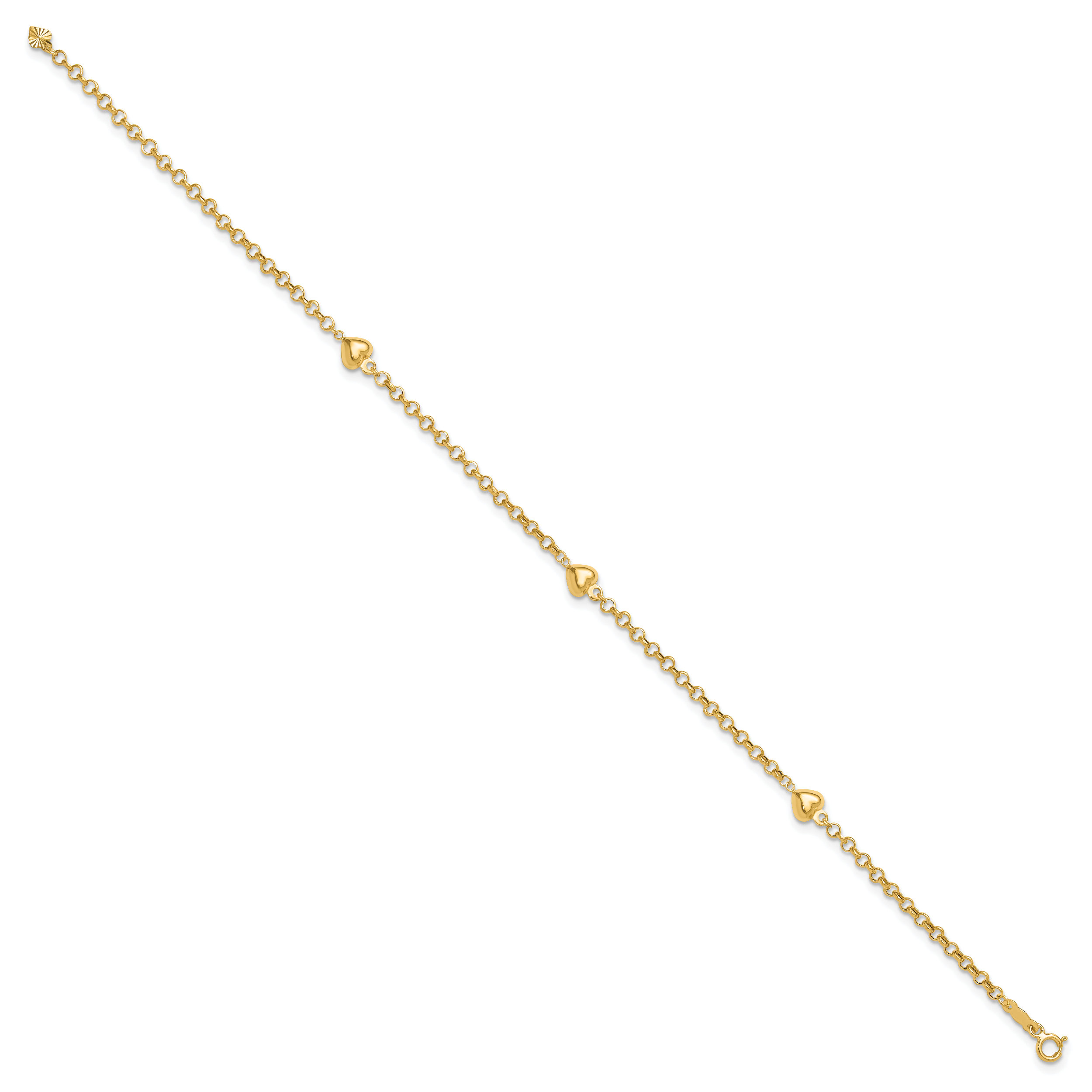 14k Polished Puffed Heart 3-Station 10 inch Anklet - Sophia Jewelers