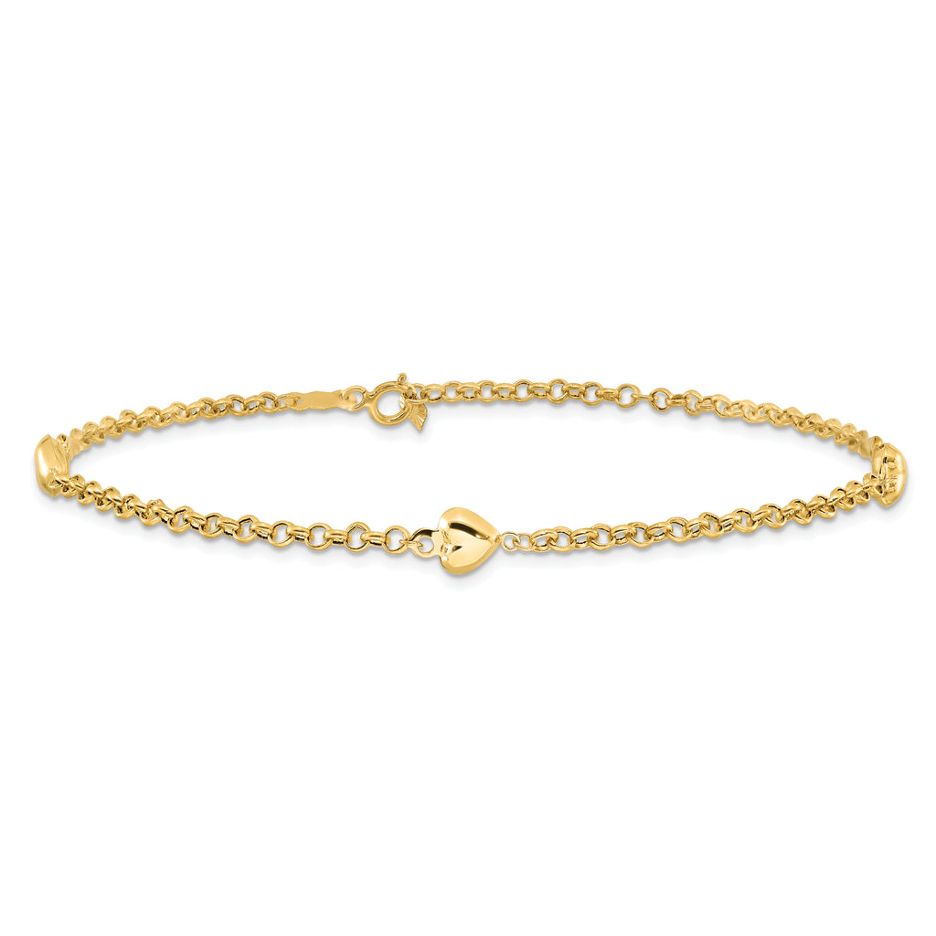 14k Polished Puffed Heart 3-Station 10 inch Anklet - Sophia Jewelers