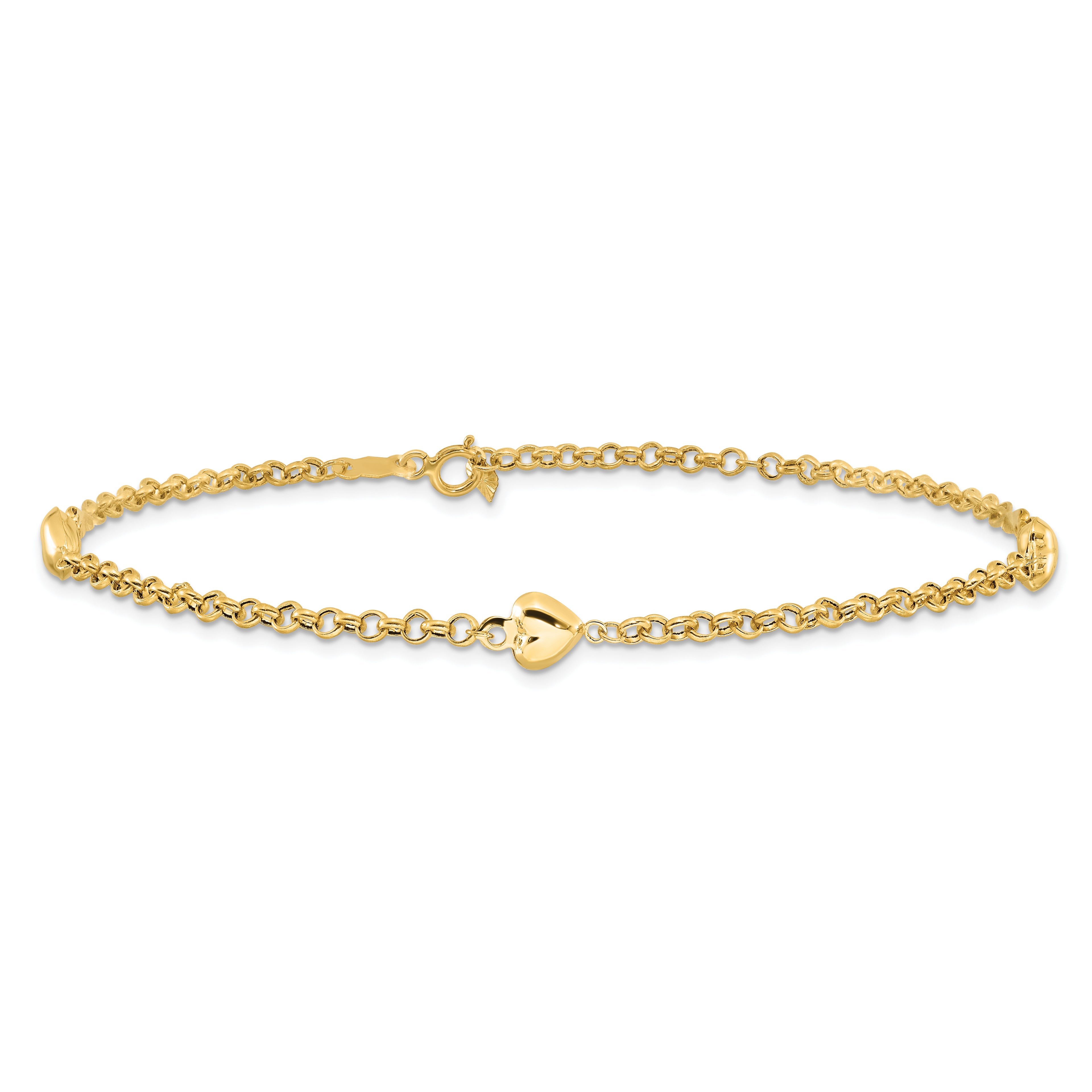 14k Polished Puffed Heart 3-Station 10 inch Anklet - Sophia Jewelers