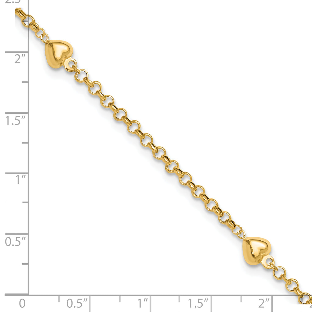 14k Polished Puffed Heart 3-Station 10 inch Anklet - Sophia Jewelers