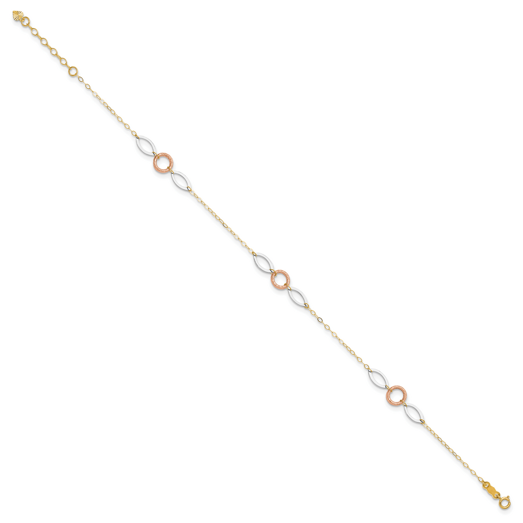 14k Tri-color Circle and Oval 3-Station 9 inch Plus 1 inch Extender - Total 10 inch Anklet - Sophia Jewelers