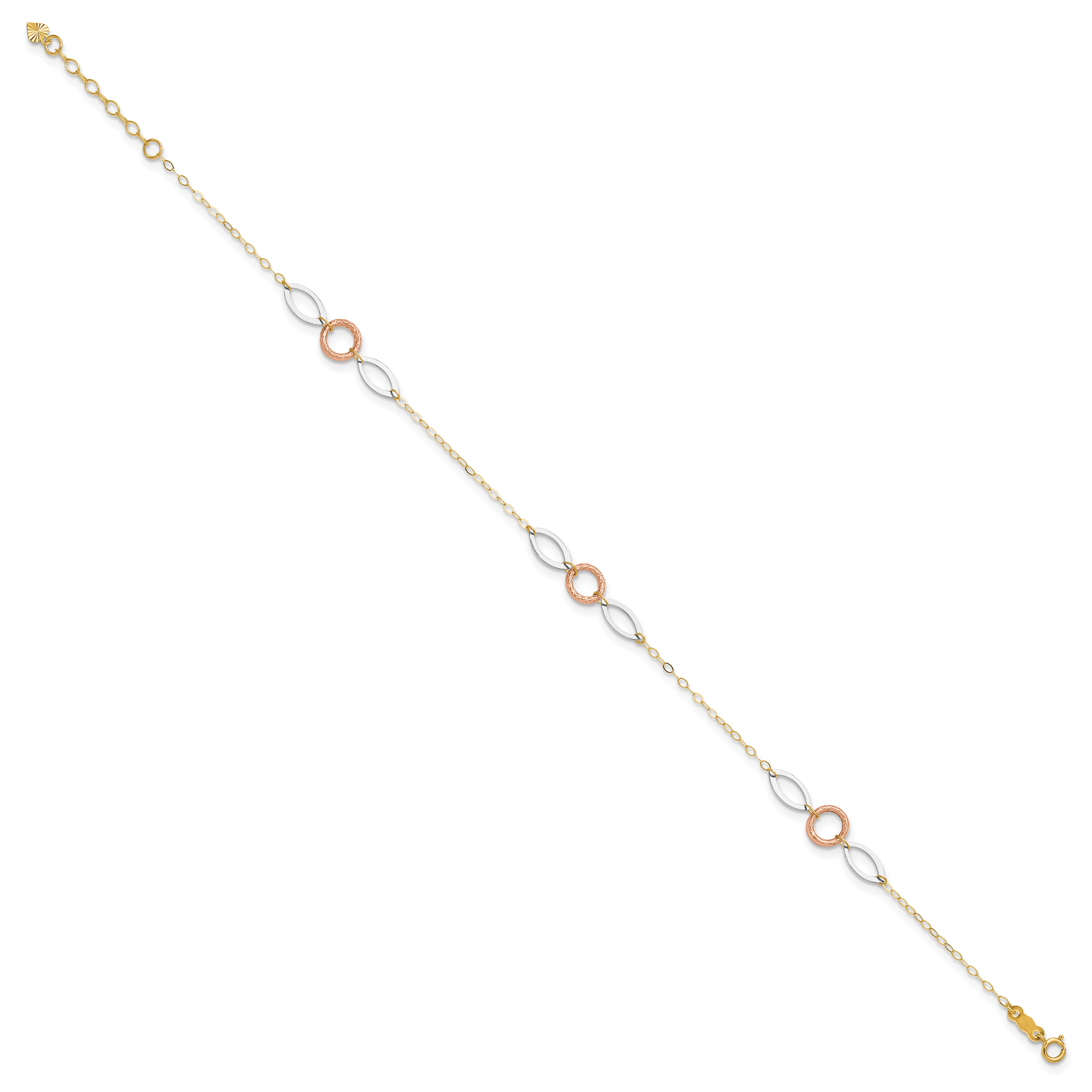 14k Tri-color Circle and Oval 3-Station 9 inch Plus 1 inch Extender - Total 10 inch Anklet - Sophia Jewelers