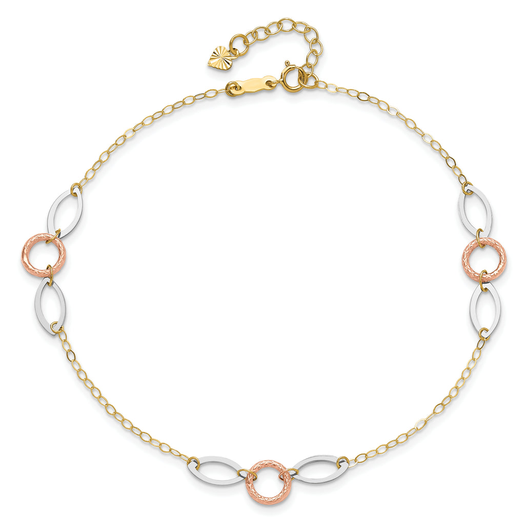 14k Tri-color Circle and Oval 3-Station 9 inch Plus 1 inch Extender - Total 10 inch Anklet - Sophia Jewelers