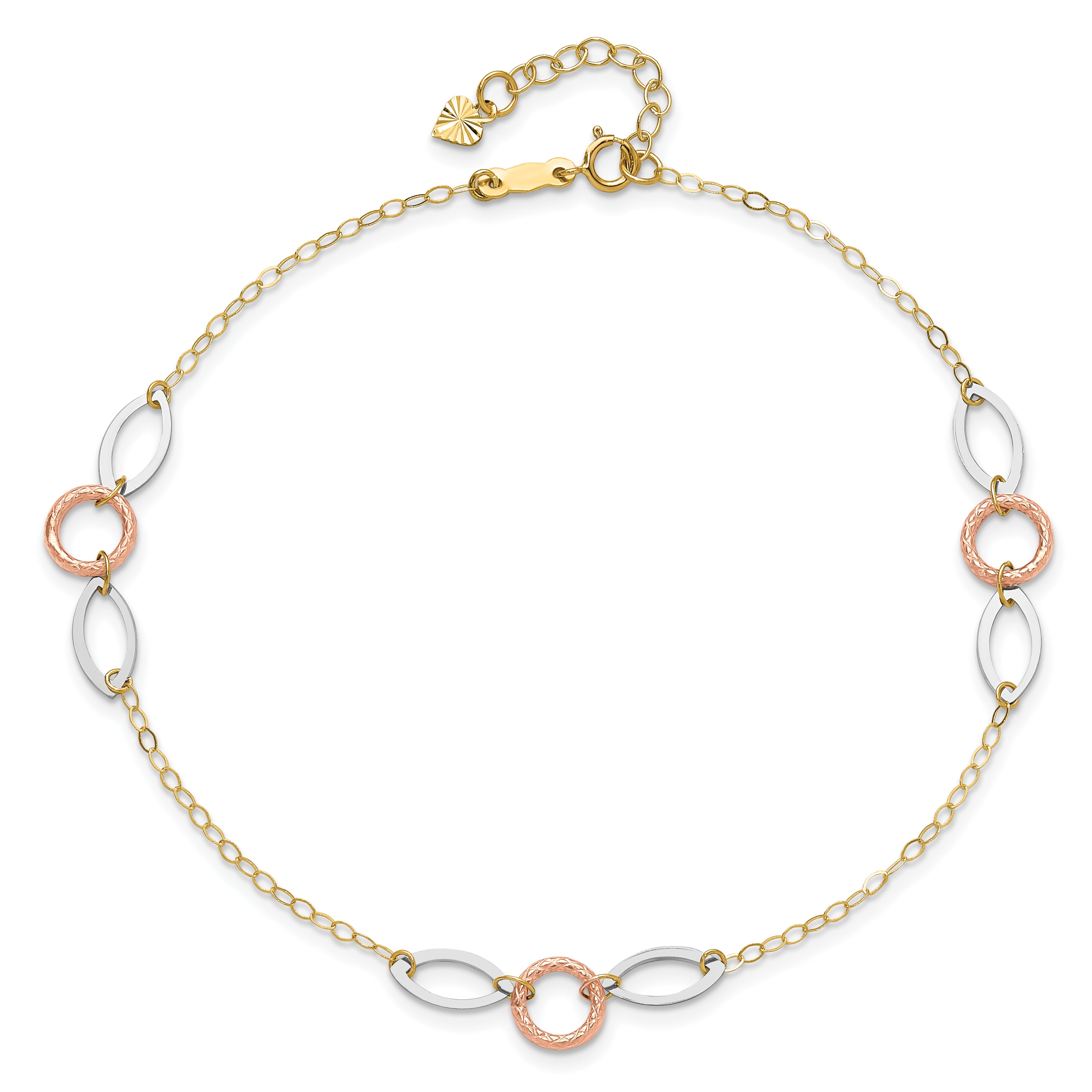 14k Tri-color Circle and Oval 3-Station 9 inch Plus 1 inch Extender - Total 10 inch Anklet - Sophia Jewelers