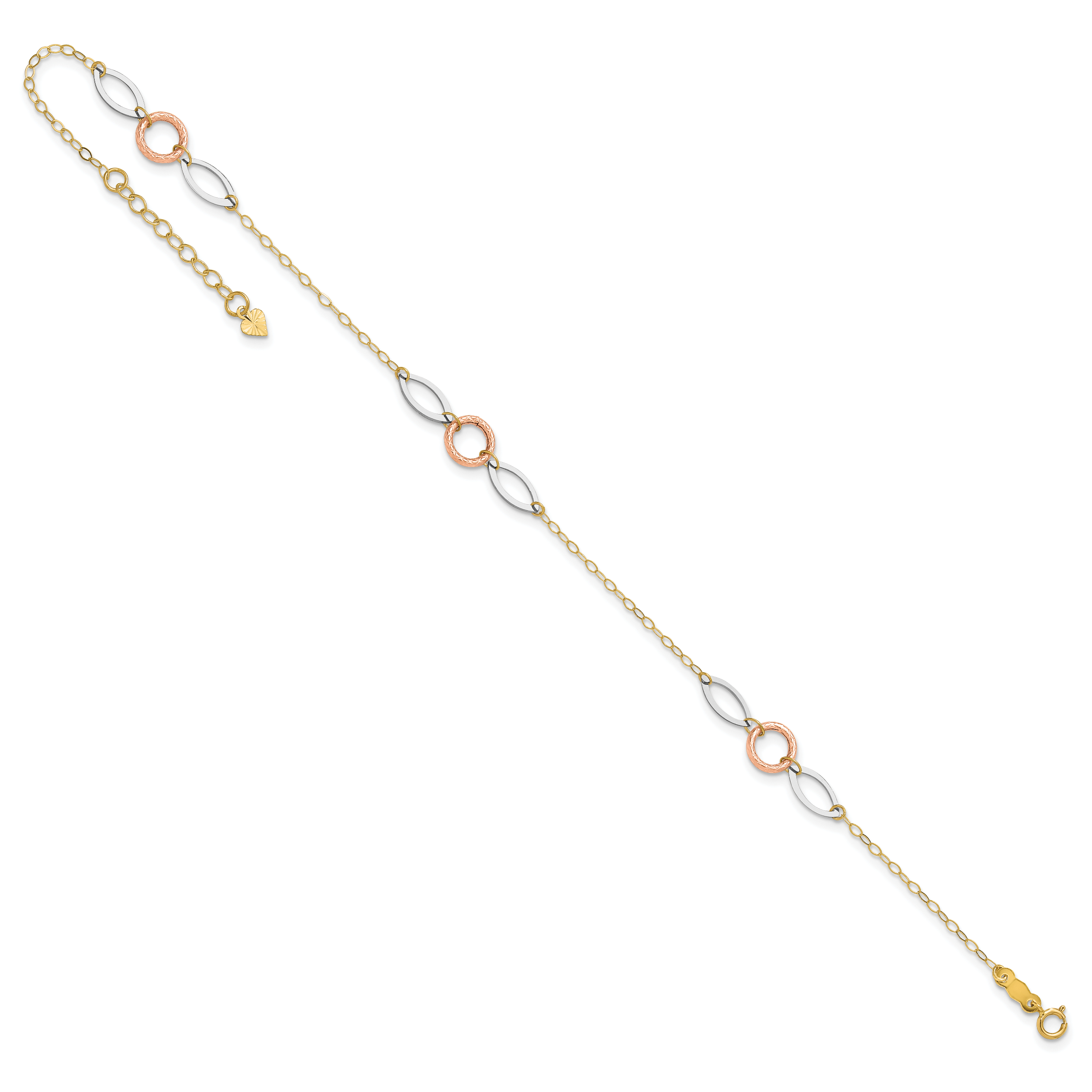 14k Tri-color Circle and Oval 3-Station 9 inch Plus 1 inch Extender - Total 10 inch Anklet - Sophia Jewelers