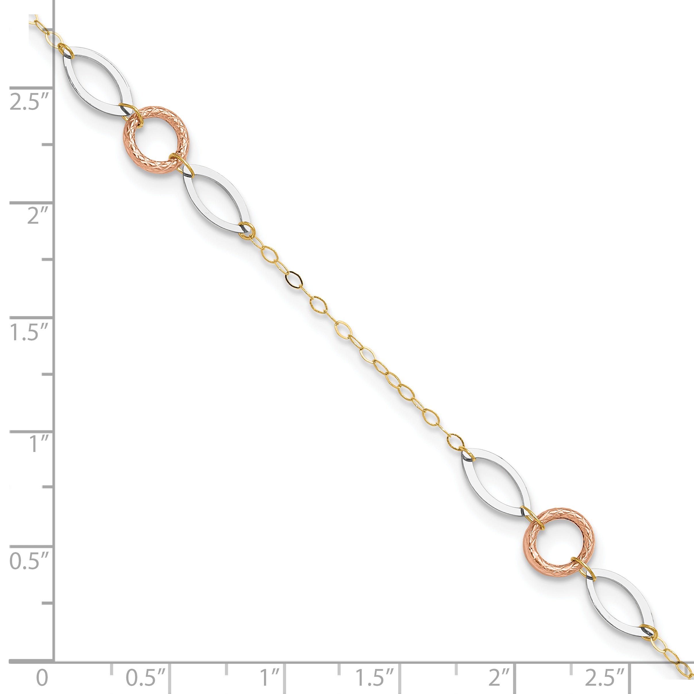 14k Tri-color Circle and Oval 3-Station 9 inch Plus 1 inch Extender - Total 10 inch Anklet - Sophia Jewelers