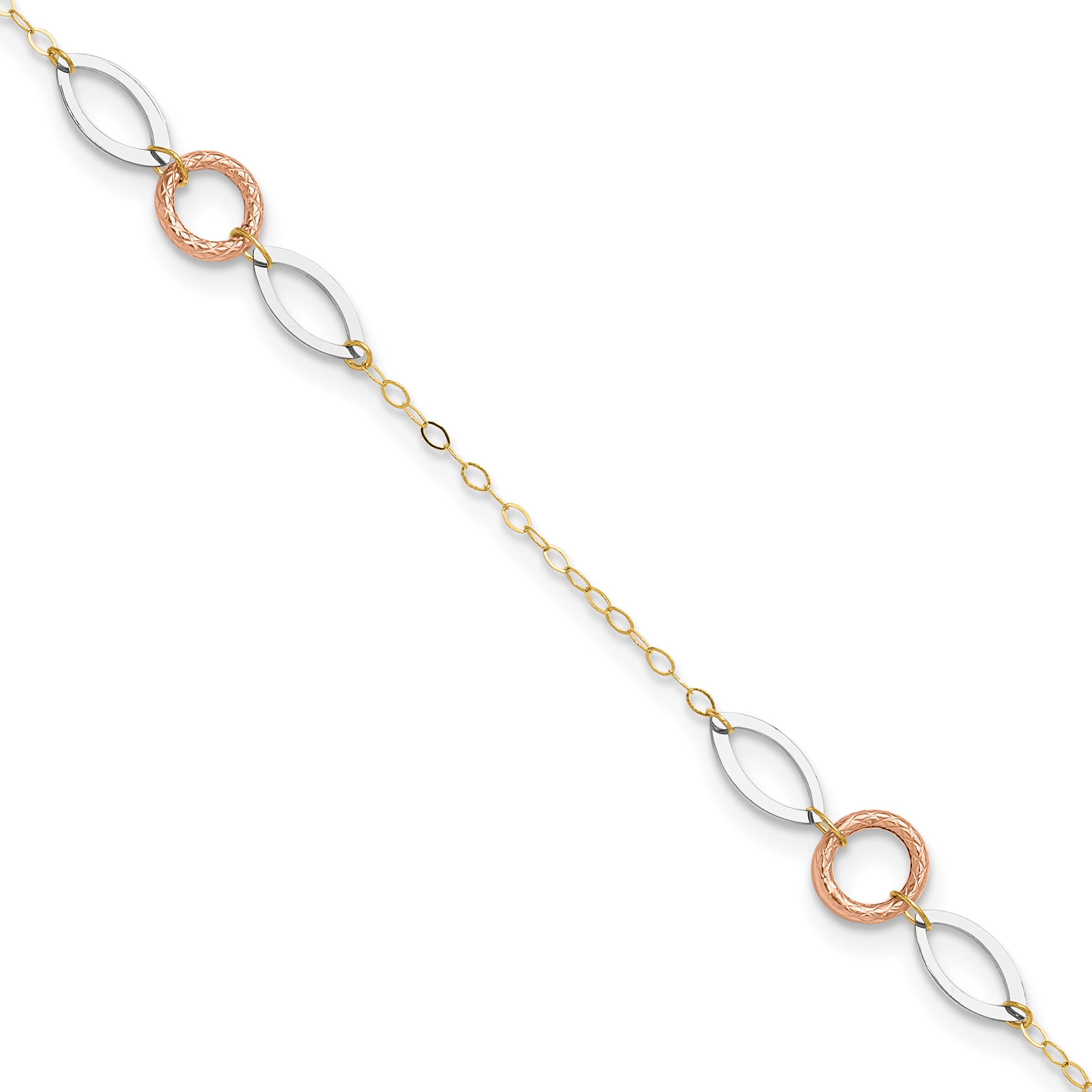 14k Tri-color Circle and Oval 3-Station 9 inch Plus 1 inch Extender - Total 10 inch Anklet - Sophia Jewelers