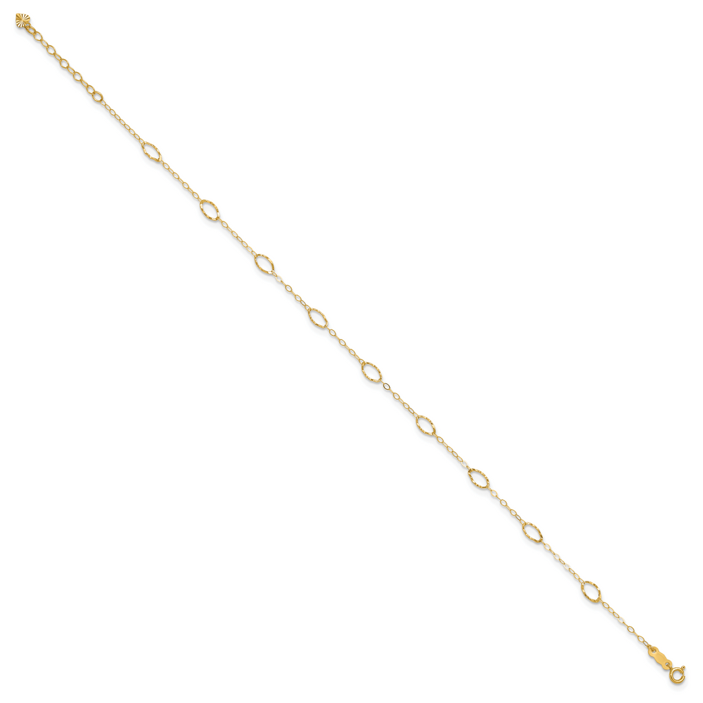 14k Textured Oval Shapes 9 inch Plus 1 inch Extender - Total 10 inch Anklet - Sophia Jewelers