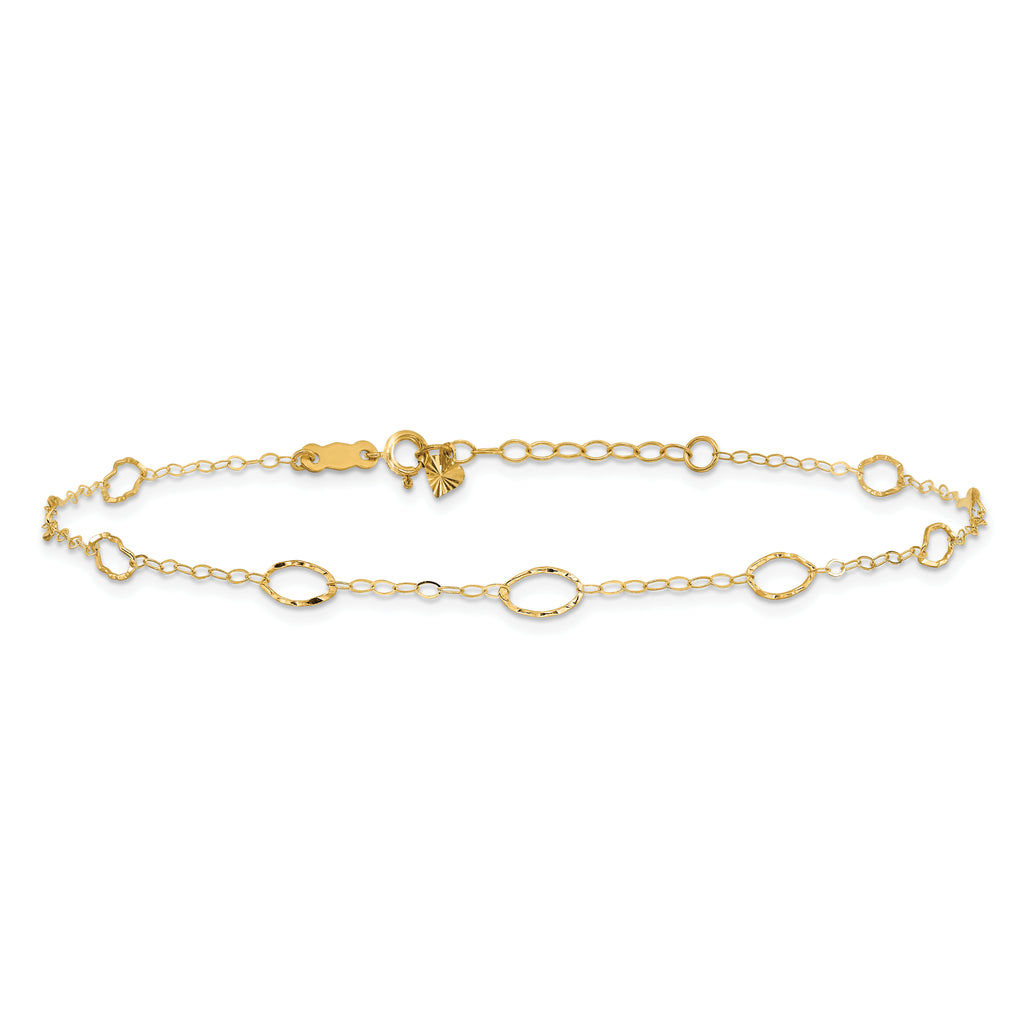 14k Textured Oval Shapes 9 inch Plus 1 inch Extender - Total 10 inch Anklet - Sophia Jewelers