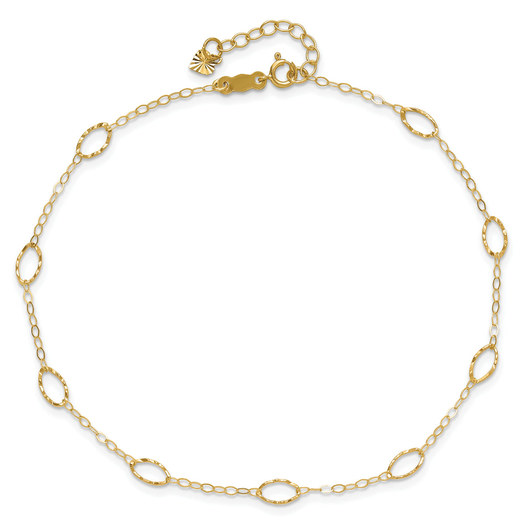 14k Textured Oval Shapes 9 inch Plus 1 inch Extender - Total 10 inch Anklet - Sophia Jewelers