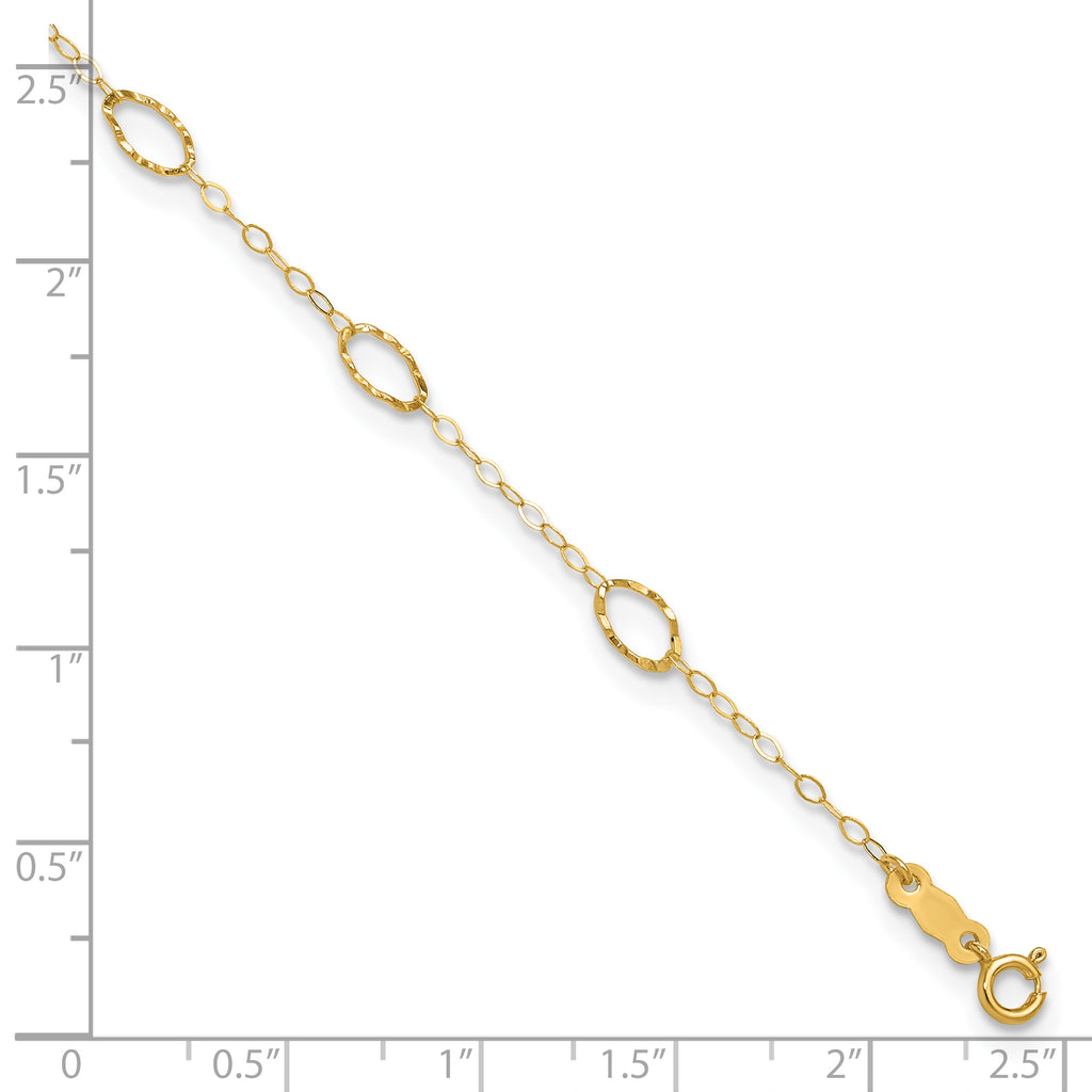 14k Textured Oval Shapes 9 inch Plus 1 inch Extender - Total 10 inch Anklet - Sophia Jewelers