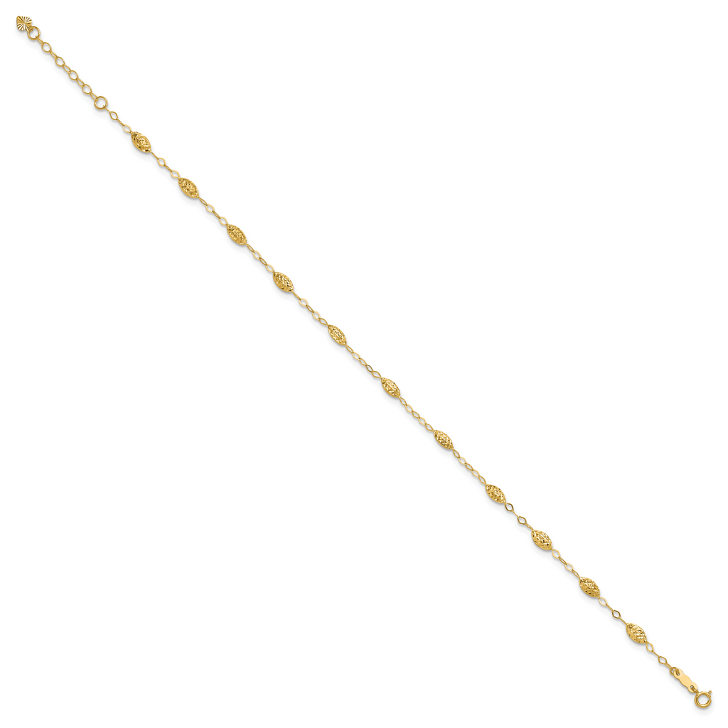 14k Textured Rice Puff Beads 9 inch Plus 1 inch Extender - Total 10 inch Anklet - Sophia Jewelers