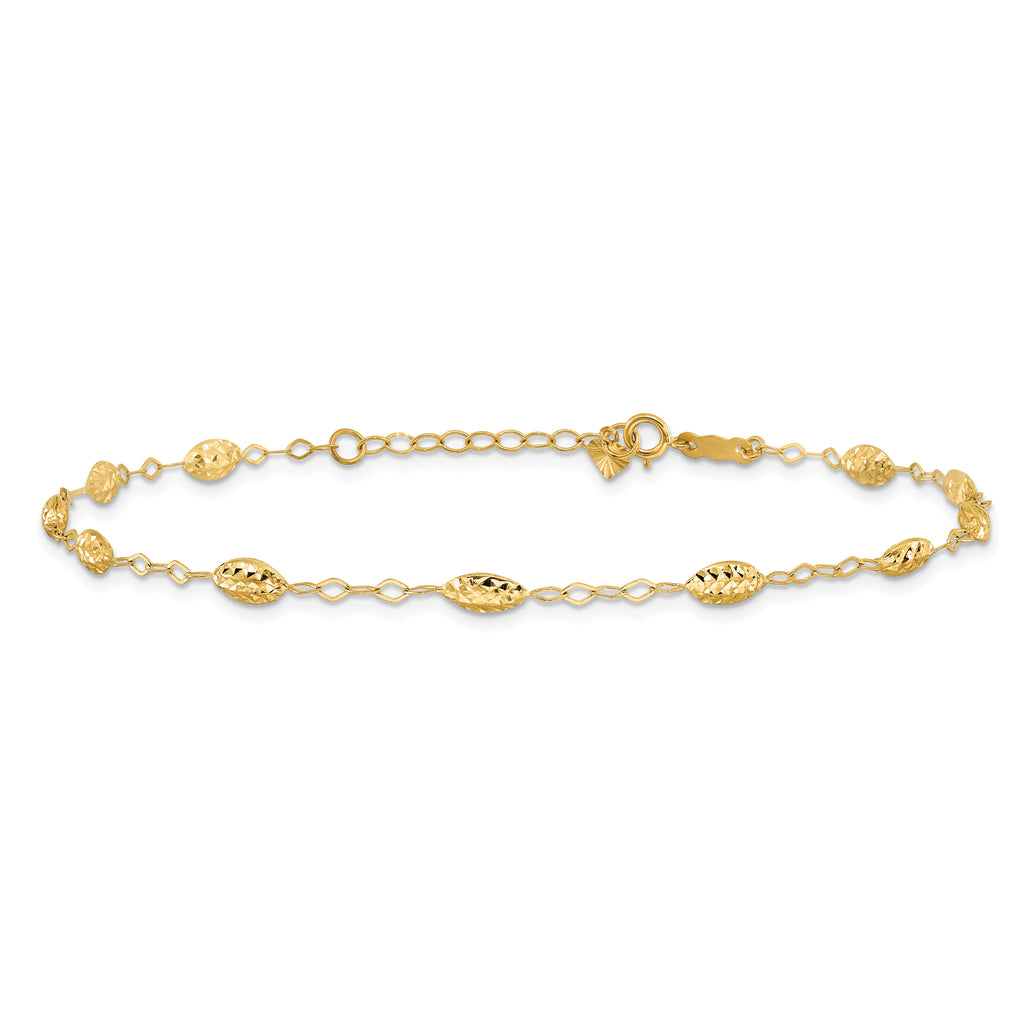 14k Textured Rice Puff Beads 9 inch Plus 1 inch Extender - Total 10 inch Anklet - Sophia Jewelers