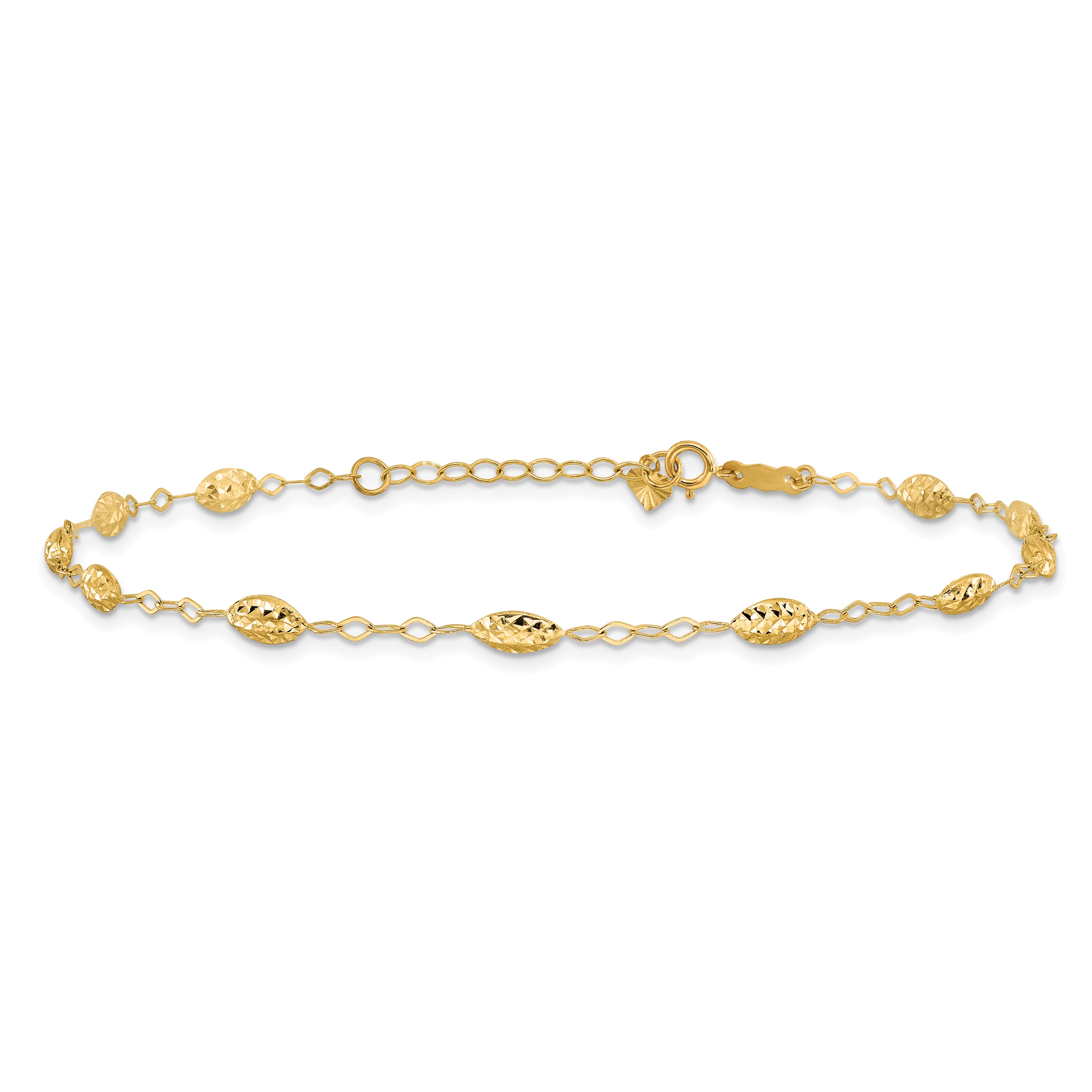 14k Textured Rice Puff Beads 9 inch Plus 1 inch Extender - Total 10 inch Anklet - Sophia Jewelers