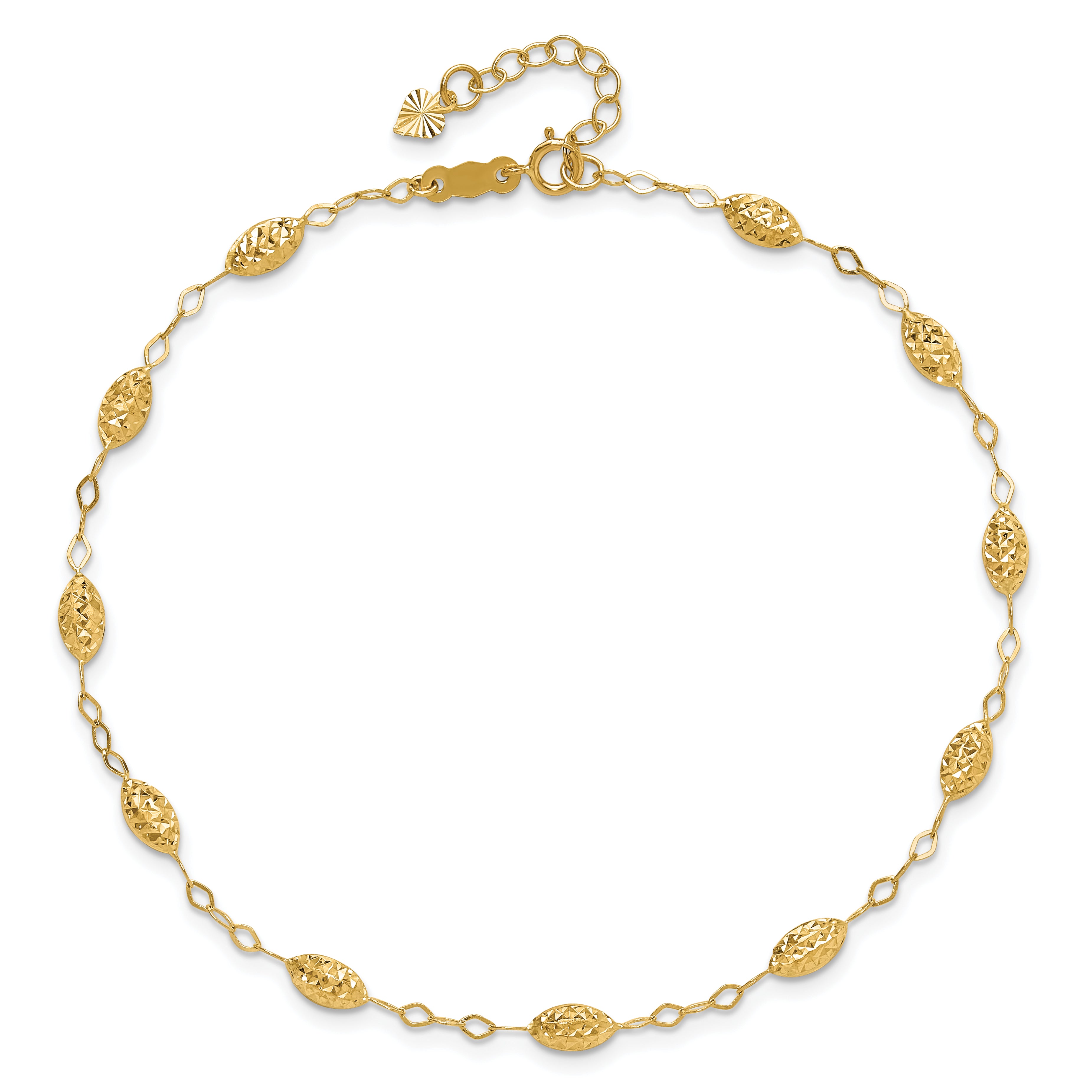 14k Textured Rice Puff Beads 9 inch Plus 1 inch Extender - Total 10 inch Anklet - Sophia Jewelers