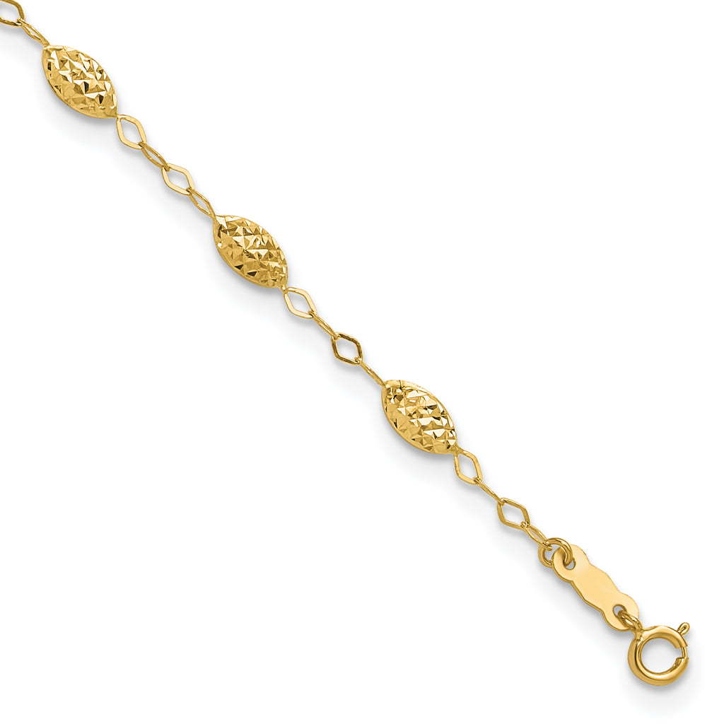 14k Textured Rice Puff Beads 9 inch Plus 1 inch Extender - Total 10 inch Anklet - Sophia Jewelers