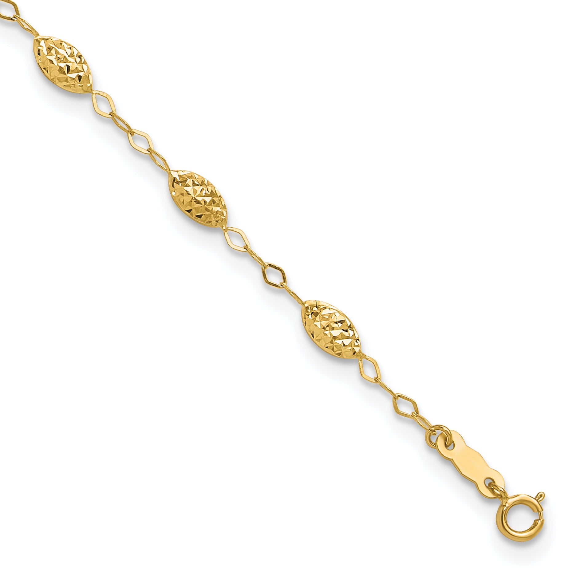 14k Textured Rice Puff Beads 9 inch Plus 1 inch Extender - Total 10 inch Anklet - Sophia Jewelers