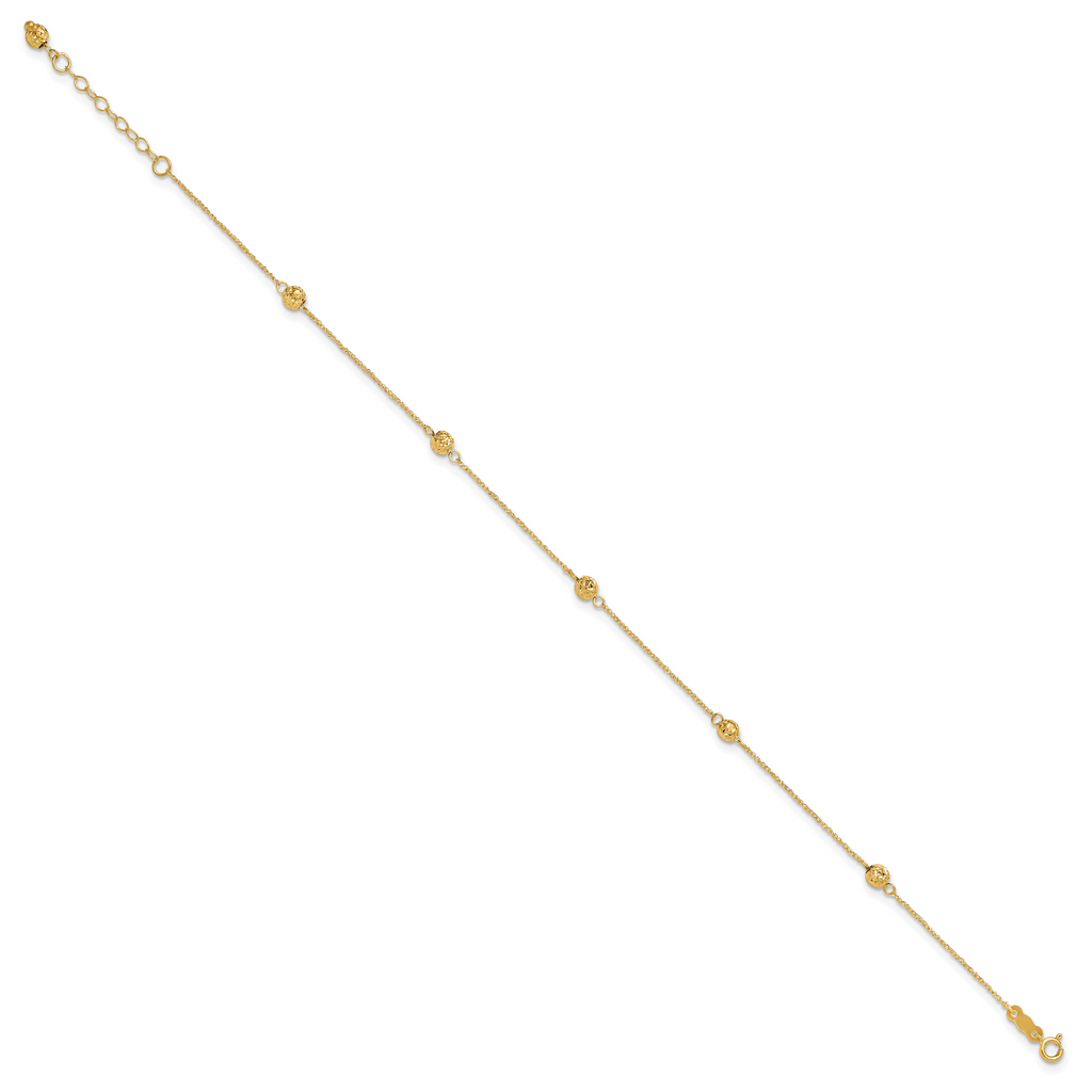 14k Diamond-cut Beads 5-Station 9 inch Plus 1 inch Bead Dangle Extender - Total 10 inch Anklet - Sophia Jewelers