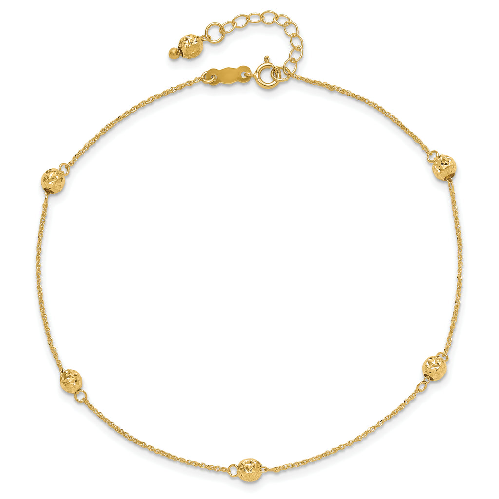 14k Diamond-cut Beads 5-Station 9 inch Plus 1 inch Bead Dangle Extender - Total 10 inch Anklet - Sophia Jewelers