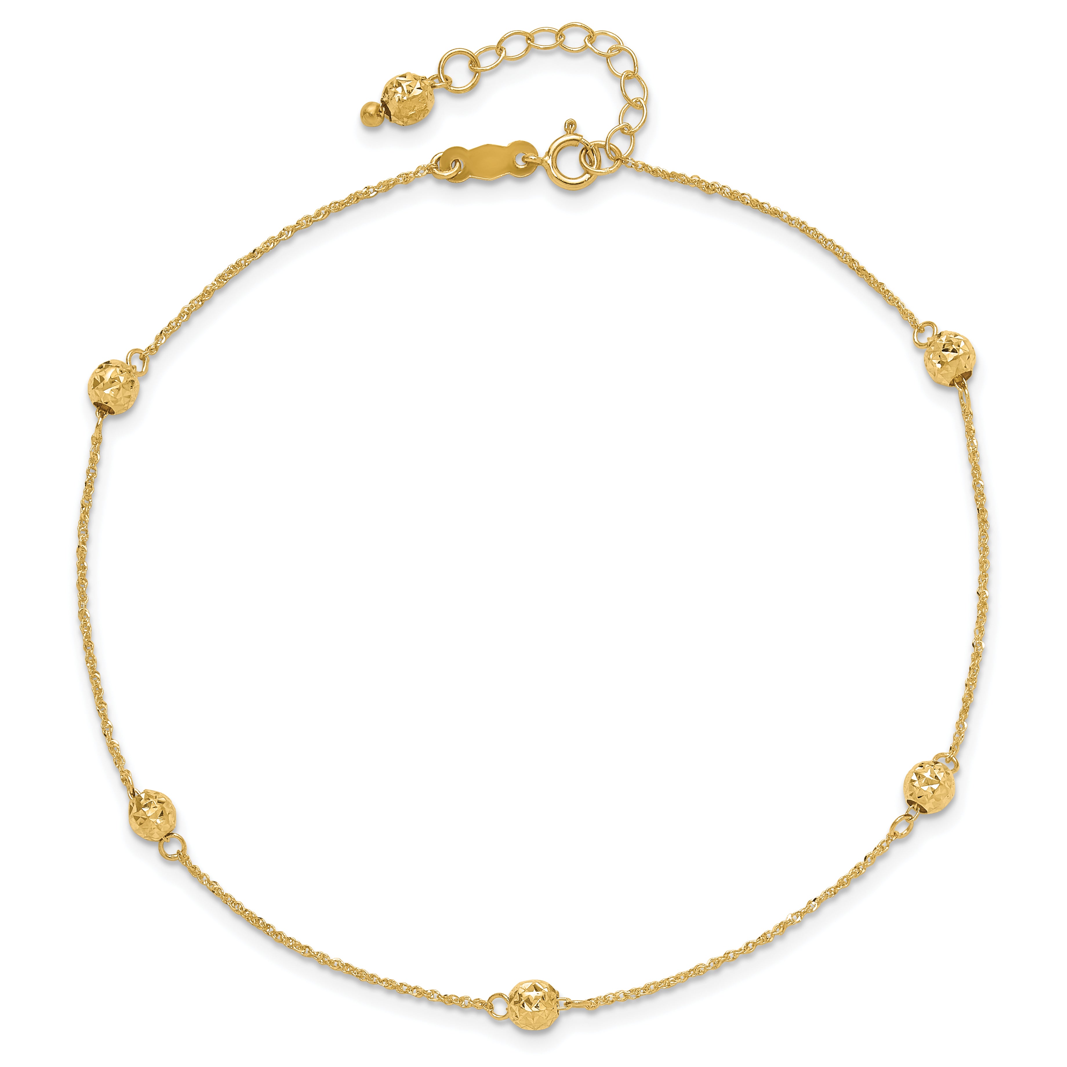 14k Diamond-cut Beads 5-Station 9 inch Plus 1 inch Bead Dangle Extender - Total 10 inch Anklet - Sophia Jewelers