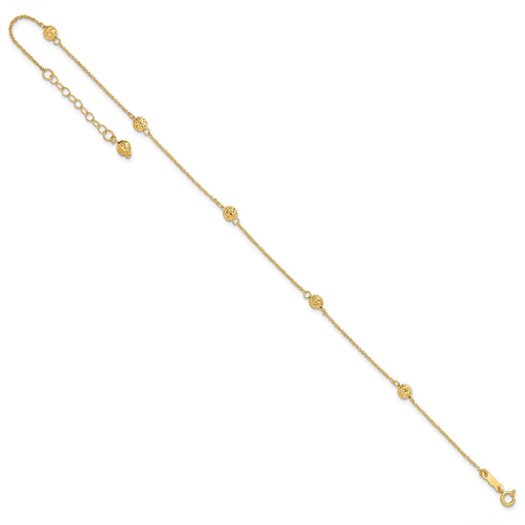 14k Diamond-cut Beads 5-Station 9 inch Plus 1 inch Bead Dangle Extender - Total 10 inch Anklet - Sophia Jewelers