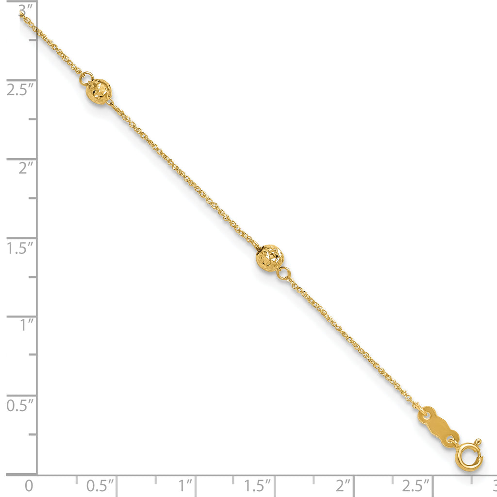 14k Diamond-cut Beads 5-Station 9 inch Plus 1 inch Bead Dangle Extender - Total 10 inch Anklet - Sophia Jewelers