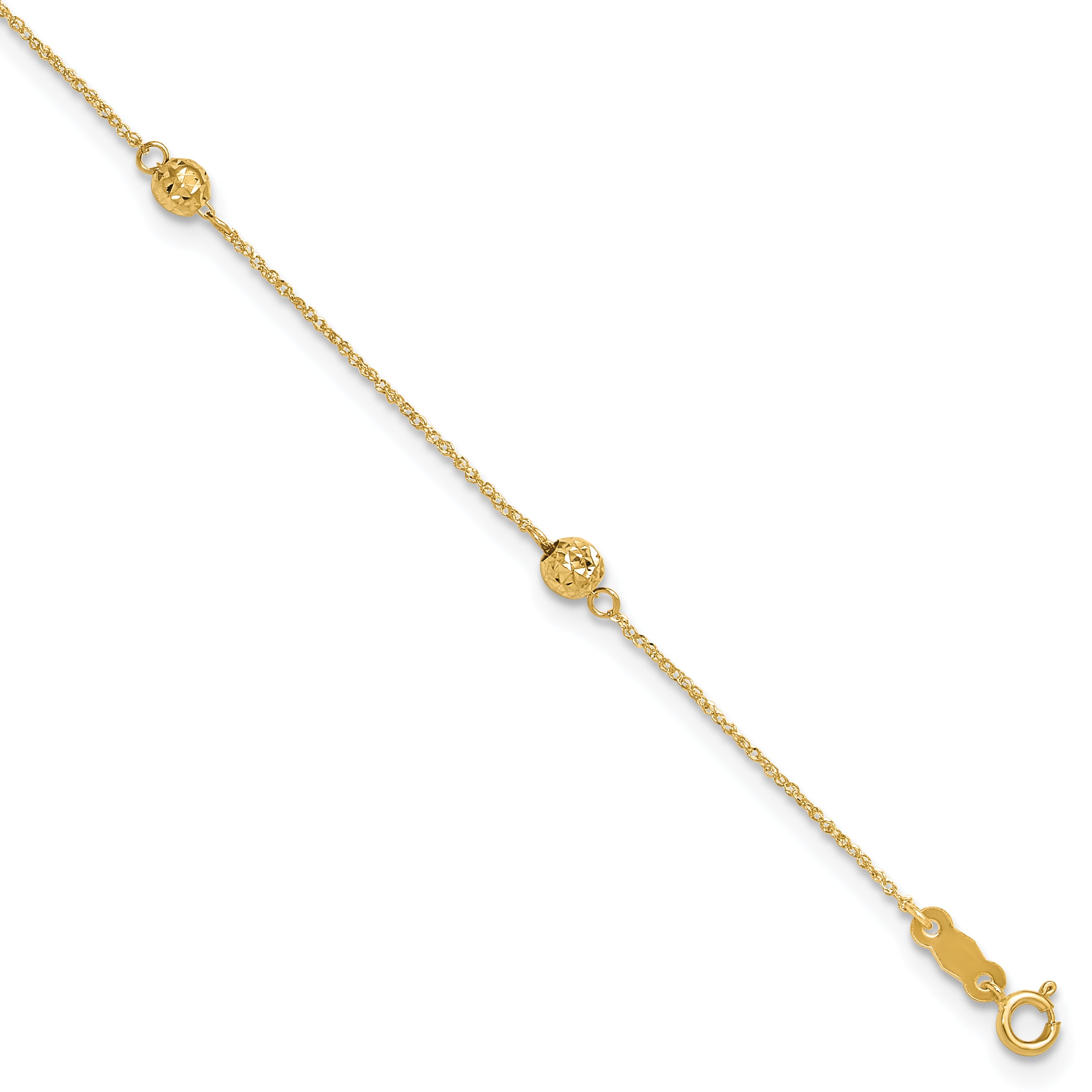 14k Diamond-cut Beads 5-Station 9 inch Plus 1 inch Bead Dangle Extender - Total 10 inch Anklet - Sophia Jewelers