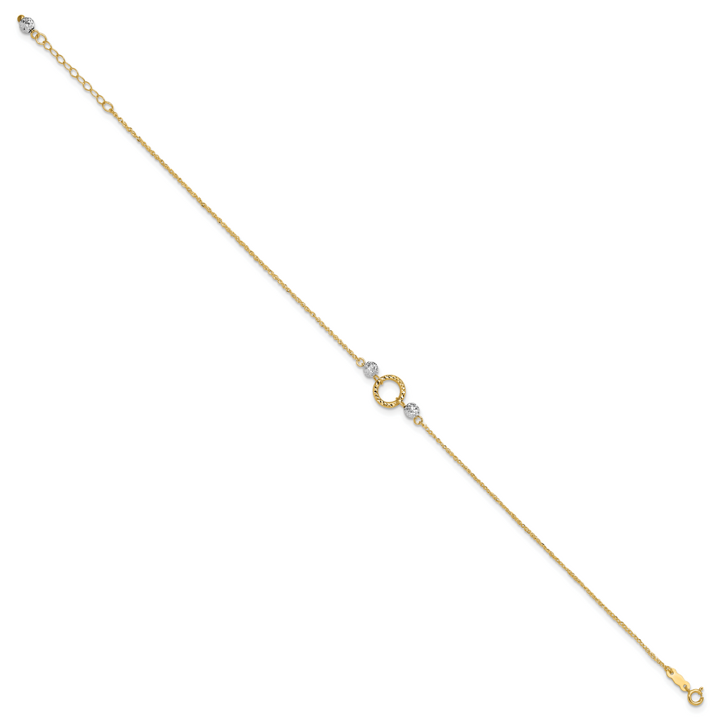 14k Two-tone Circle and Diamond-cut Beads 9 inch Plus 1 inch Bead Dangle Extender - Total 10 inch An - Sophia Jewelers