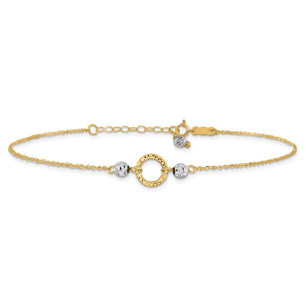 14k Two-tone Circle and Diamond-cut Beads 9 inch Plus 1 inch Bead Dangle Extender - Total 10 inch An - Sophia Jewelers