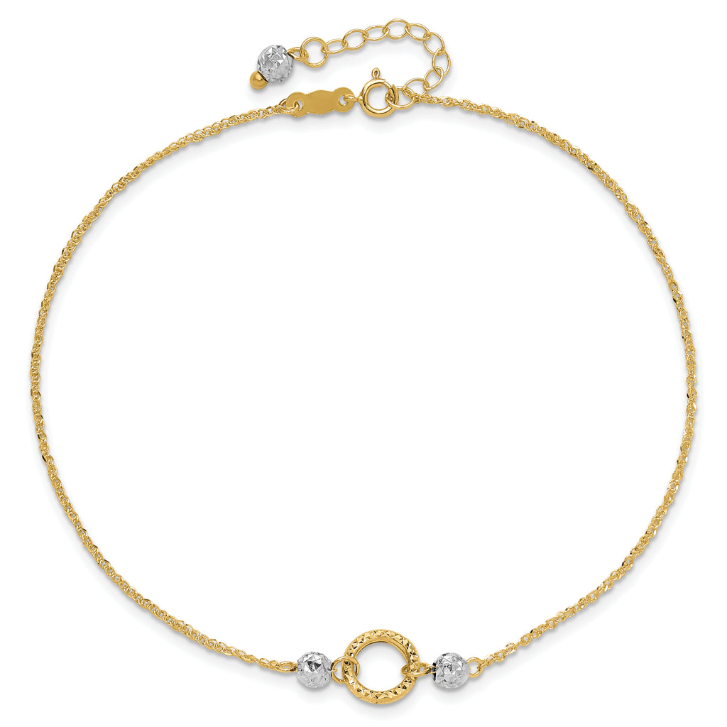 14k Two-tone Circle and Diamond-cut Beads 9 inch Plus 1 inch Bead Dangle Extender - Total 10 inch An - Sophia Jewelers