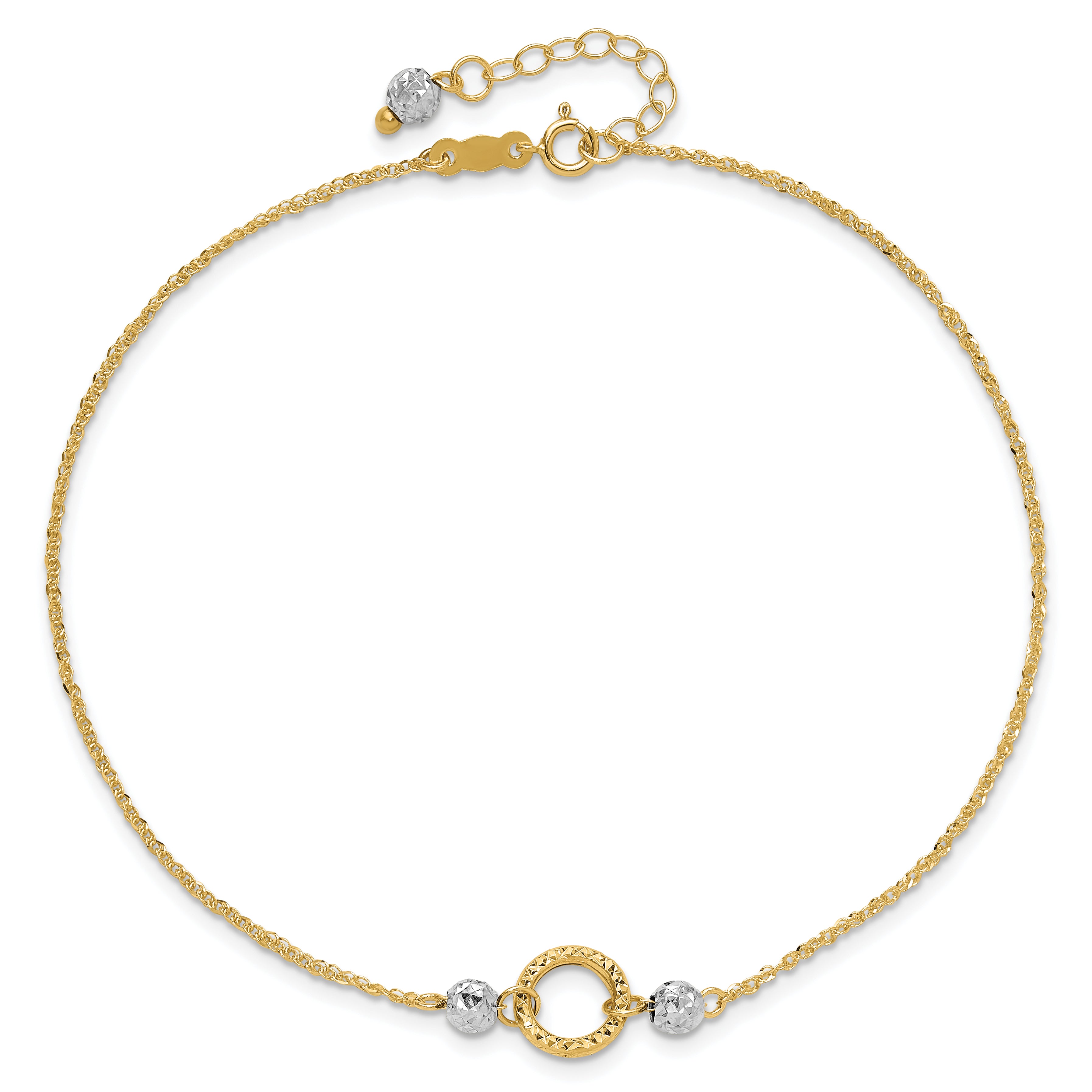 14k Two-tone Circle and Diamond-cut Beads 9 inch Plus 1 inch Bead Dangle Extender - Total 10 inch An - Sophia Jewelers