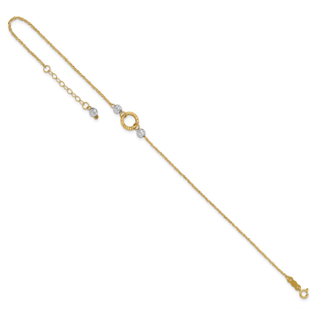 14k Two-tone Circle and Diamond-cut Beads 9 inch Plus 1 inch Bead Dangle Extender - Total 10 inch An - Sophia Jewelers