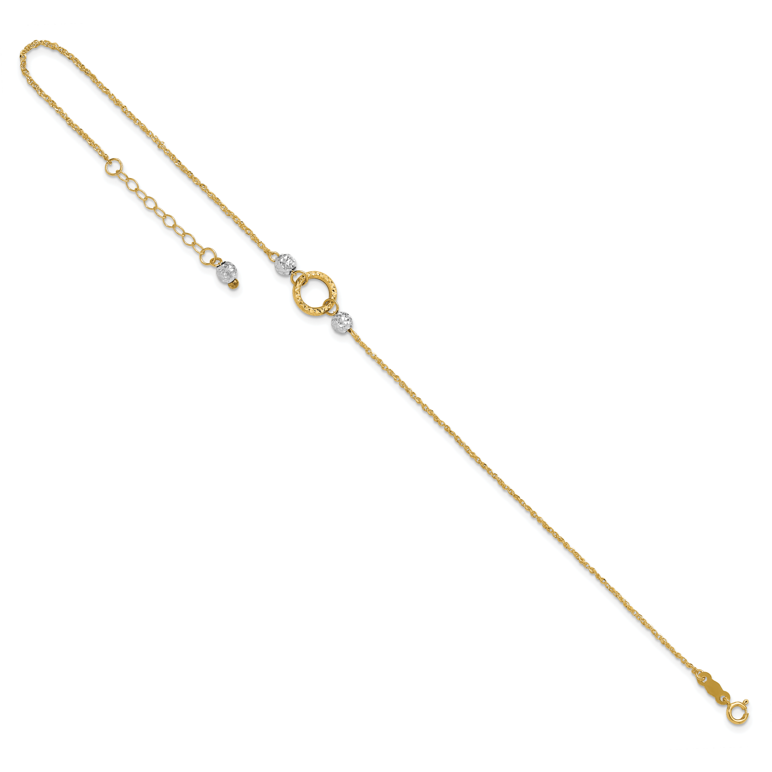 14k Two-tone Circle and Diamond-cut Beads 9 inch Plus 1 inch Bead Dangle Extender - Total 10 inch An - Sophia Jewelers