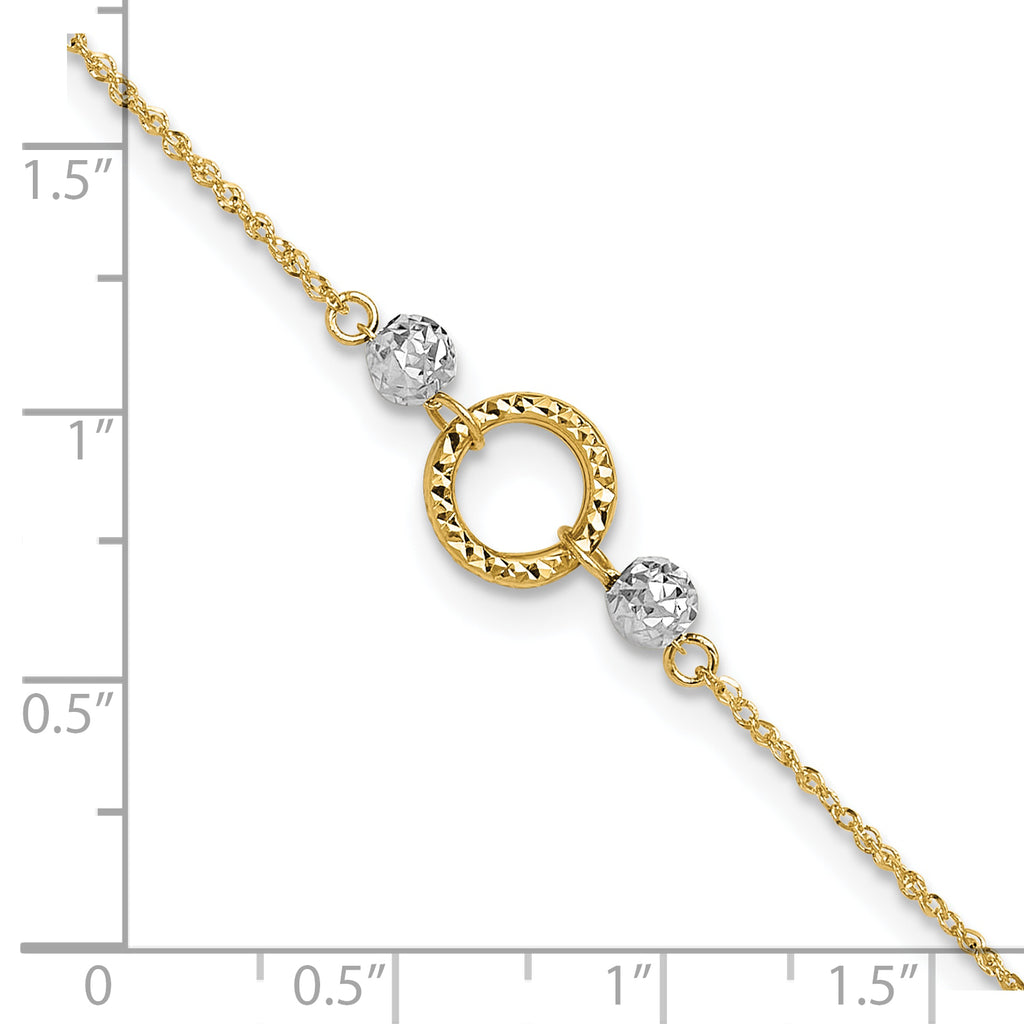 14k Two-tone Circle and Diamond-cut Beads 9 inch Plus 1 inch Bead Dangle Extender - Total 10 inch An - Sophia Jewelers