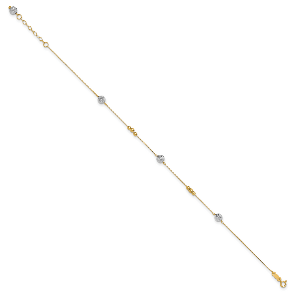 14k Two-tone Textured and Mirror Beads 5-Station 9 inch Plus 1 inch Bead Dangle Extender - Total 10 - Sophia Jewelers