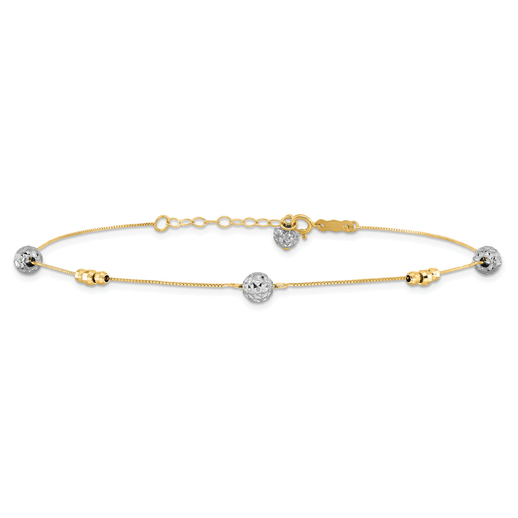 14k Two-tone Textured and Mirror Beads 5-Station 9 inch Plus 1 inch Bead Dangle Extender - Total 10 - Sophia Jewelers