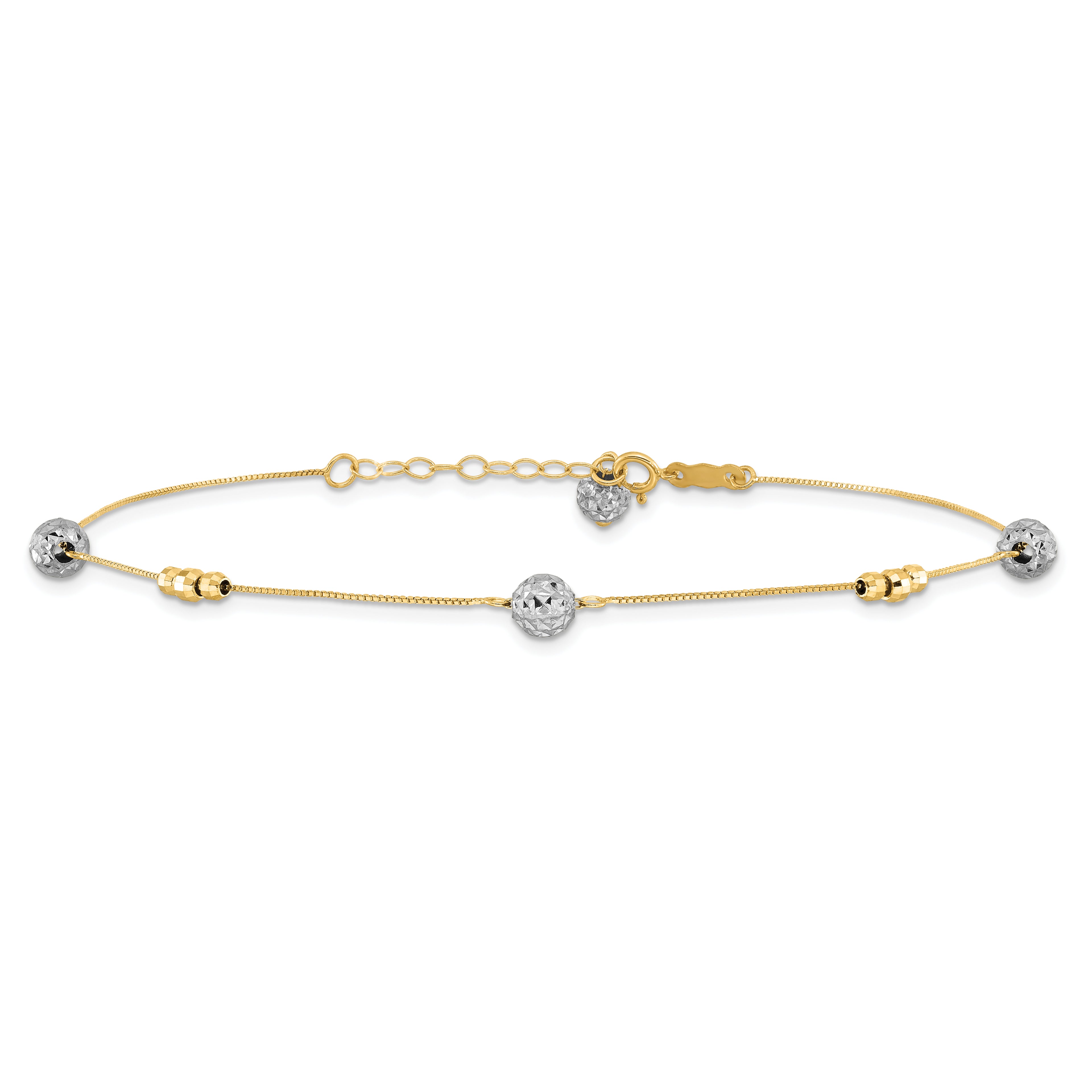 14k Two-tone Textured and Mirror Beads 5-Station 9 inch Plus 1 inch Bead Dangle Extender - Total 10 - Sophia Jewelers